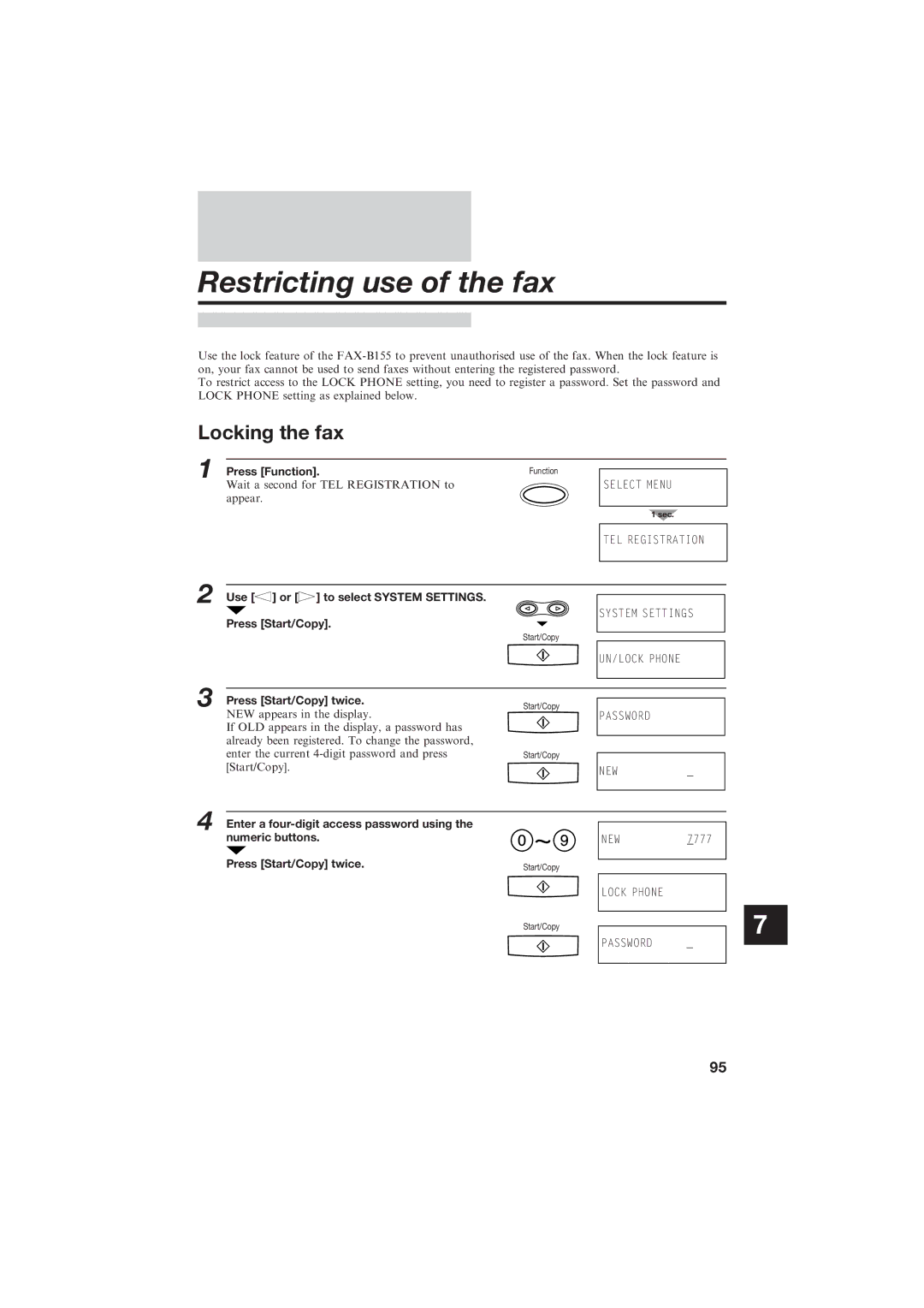 Canon B155 manual Restricting use of the fax, Locking the fax, Use or to select System Settings 