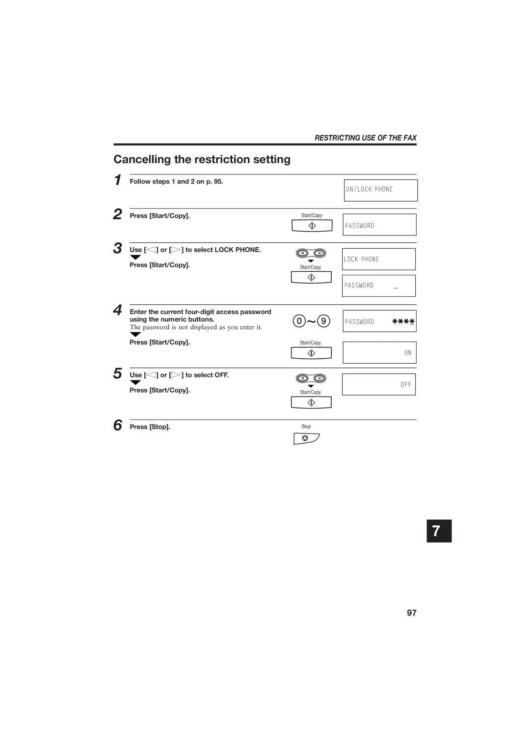 Canon B155 Cancelling the restriction setting, Restricting USE of the FAX, Follow steps 1 and 2 on p, Use or to select OFF 