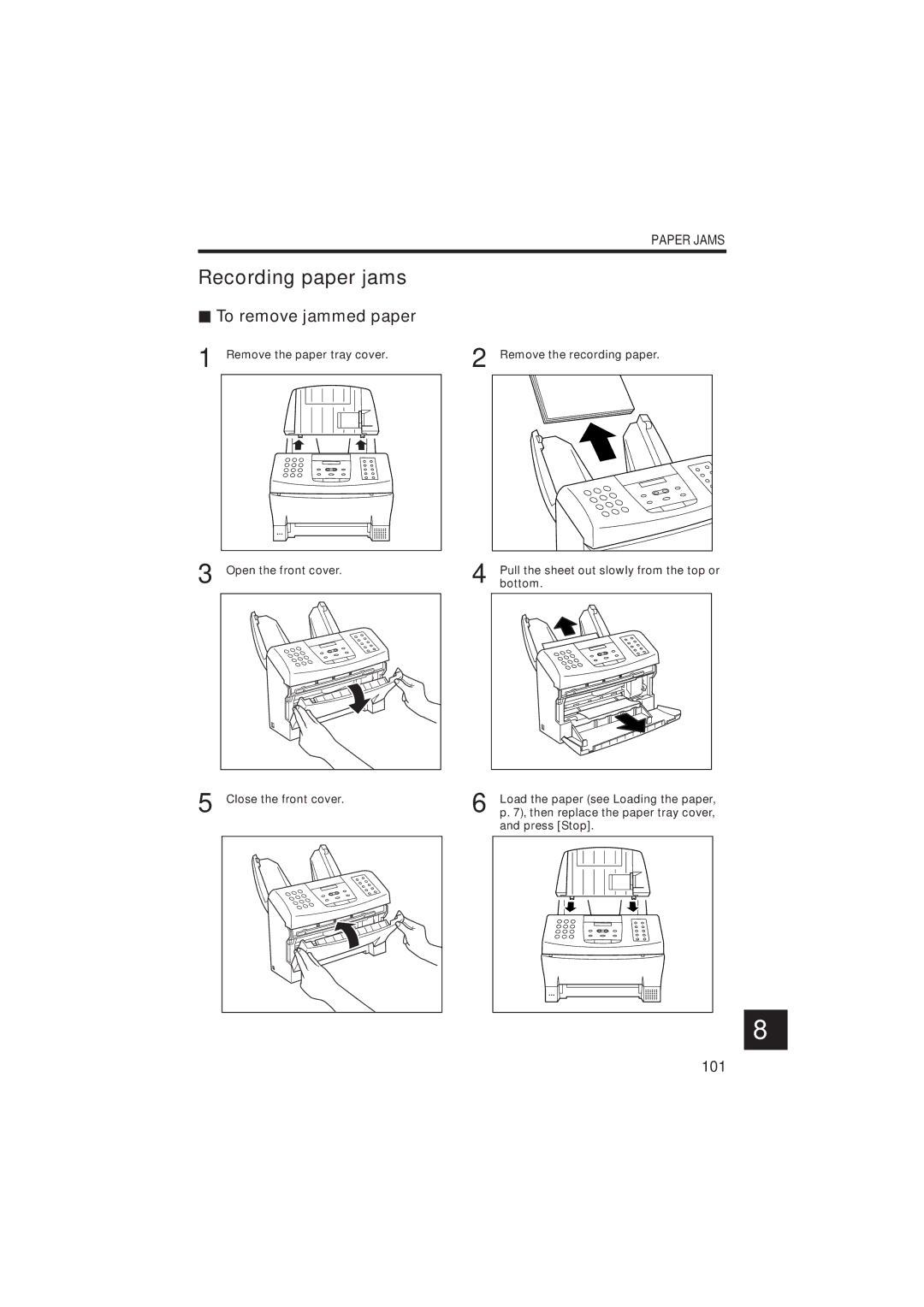 Canon B155 manual Recording paper jams, To remove jammed paper, 101, Paper Jams, Close the front cover 