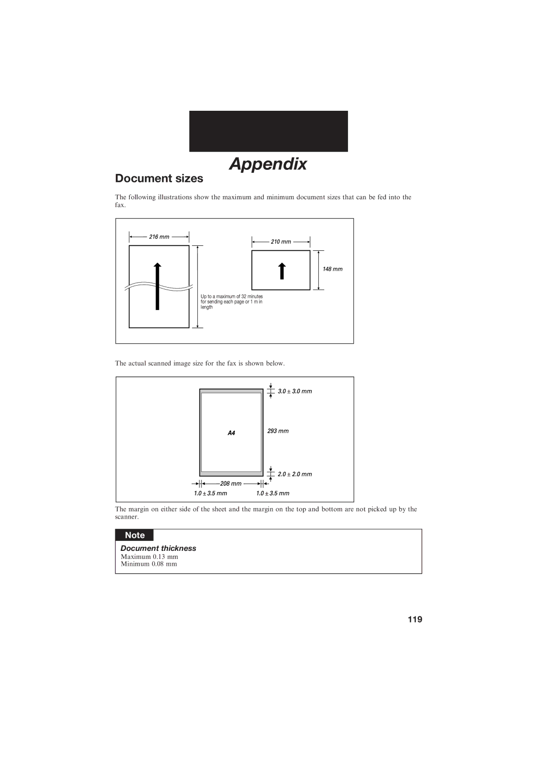 Canon B155 manual Appendix, Document sizes, 119 