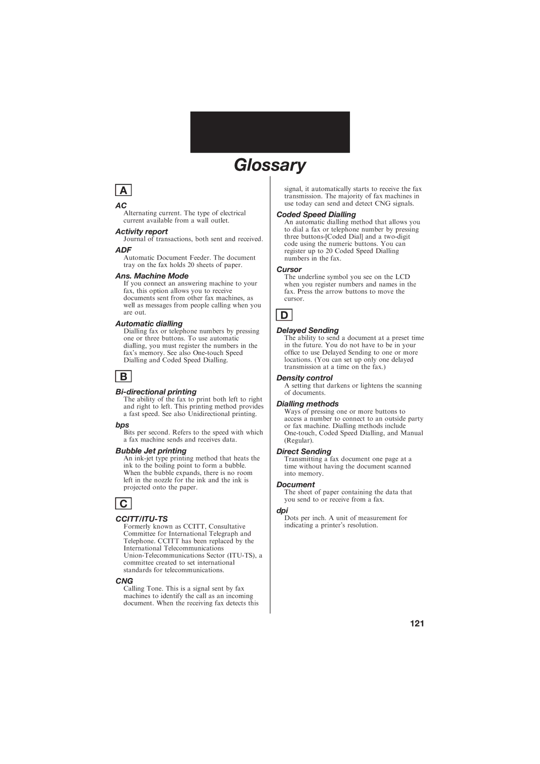 Canon B155 manual Glossary, 121, Adf, Ccitt/Itu-Ts, Cng 