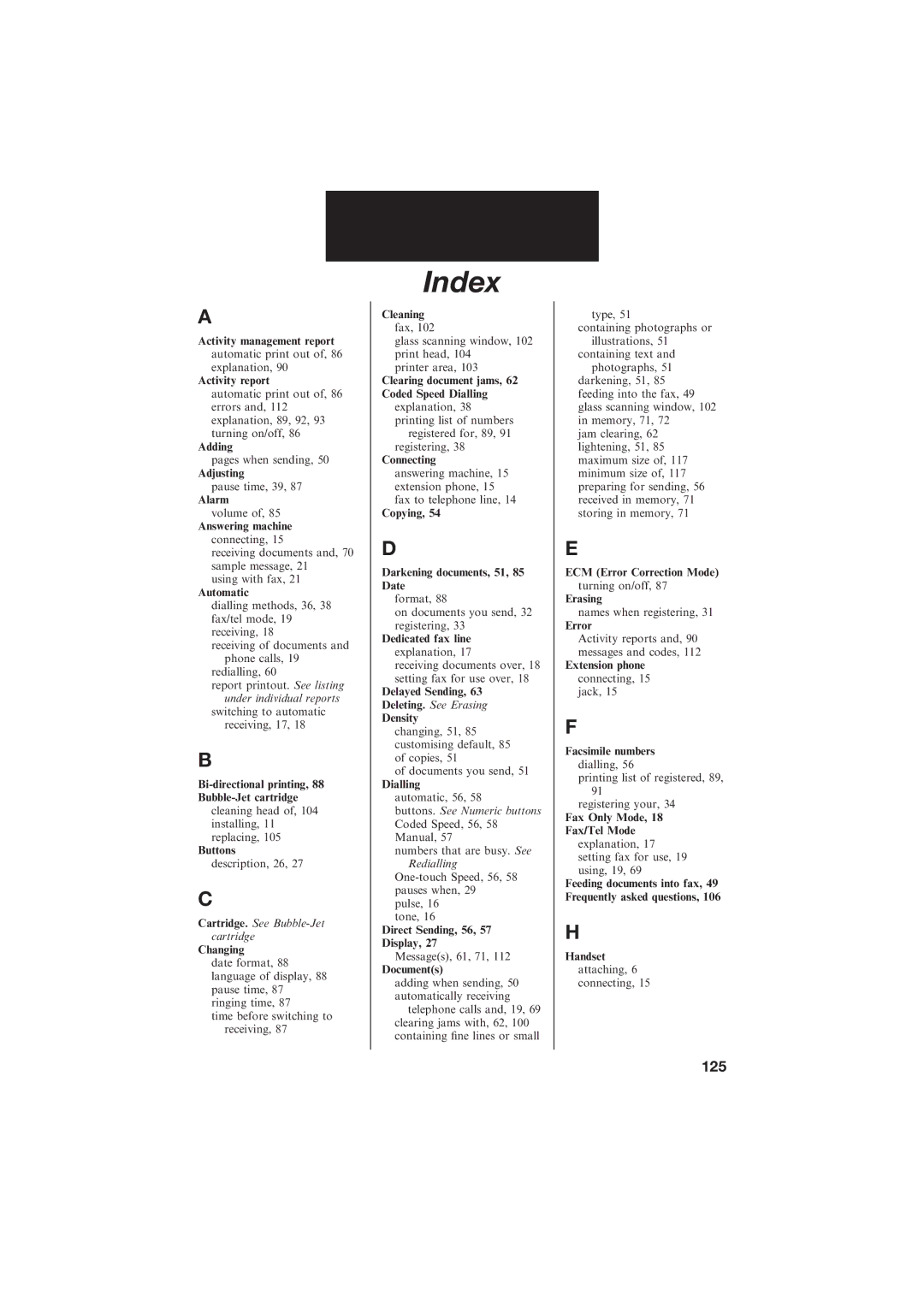 Canon B155 manual Index, 125 