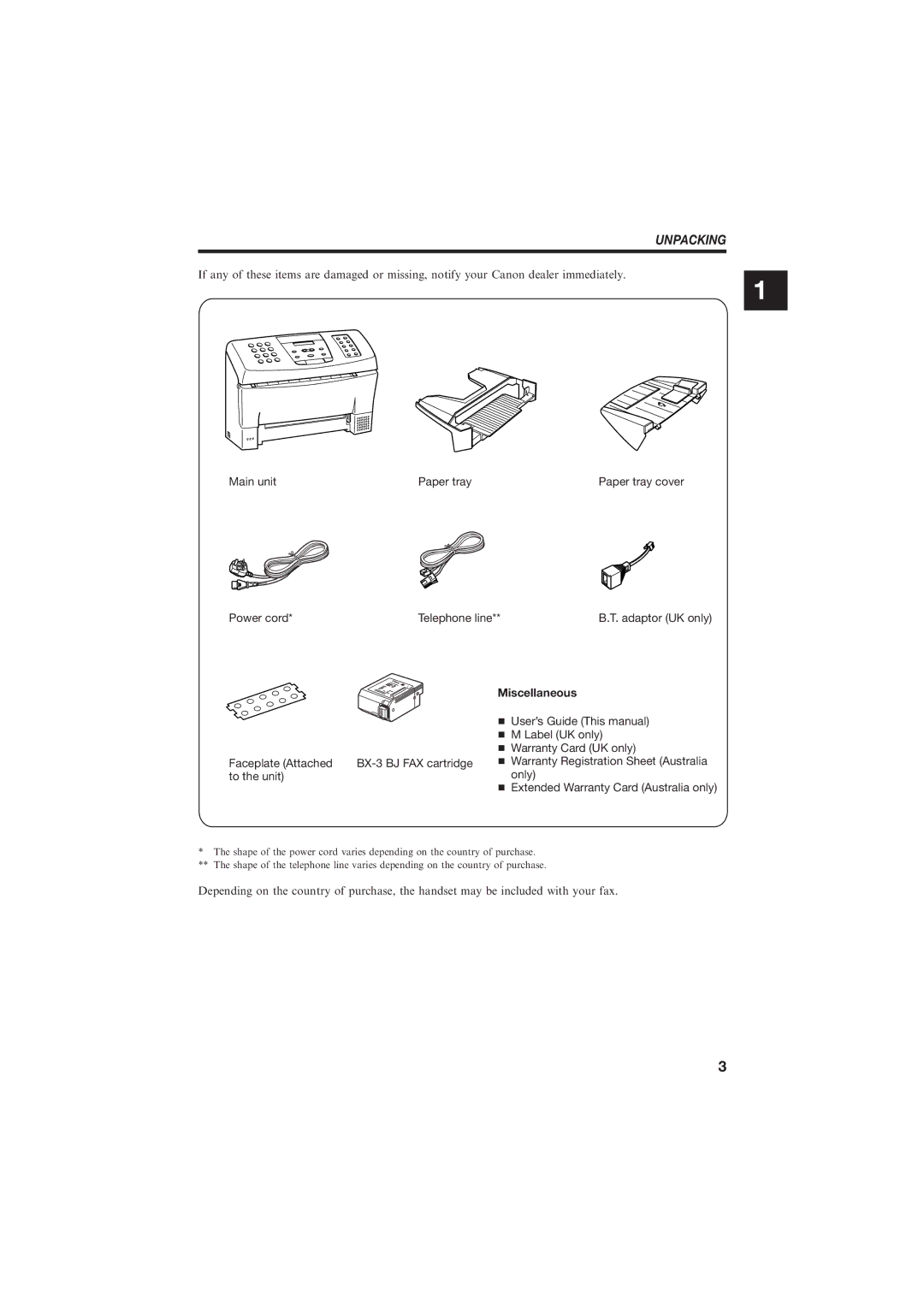 Canon B155 manual Unpacking, Miscellaneous 