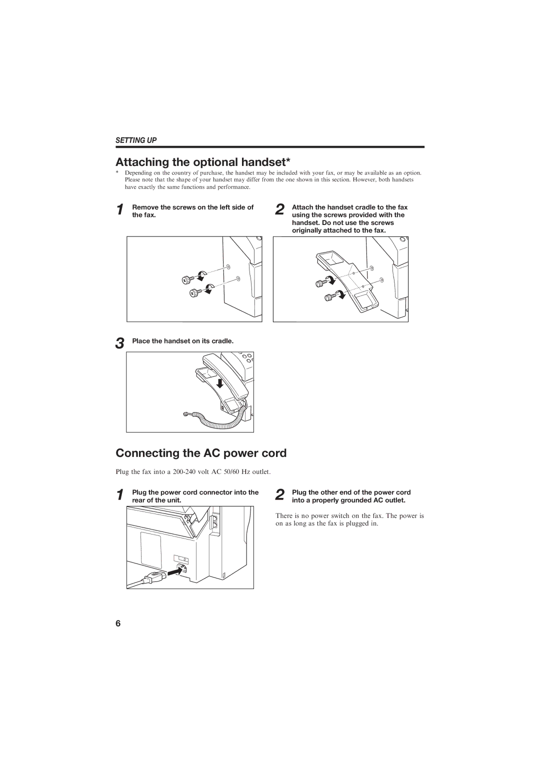 Canon B155 manual Attaching the optional handset, Connecting the AC power cord 