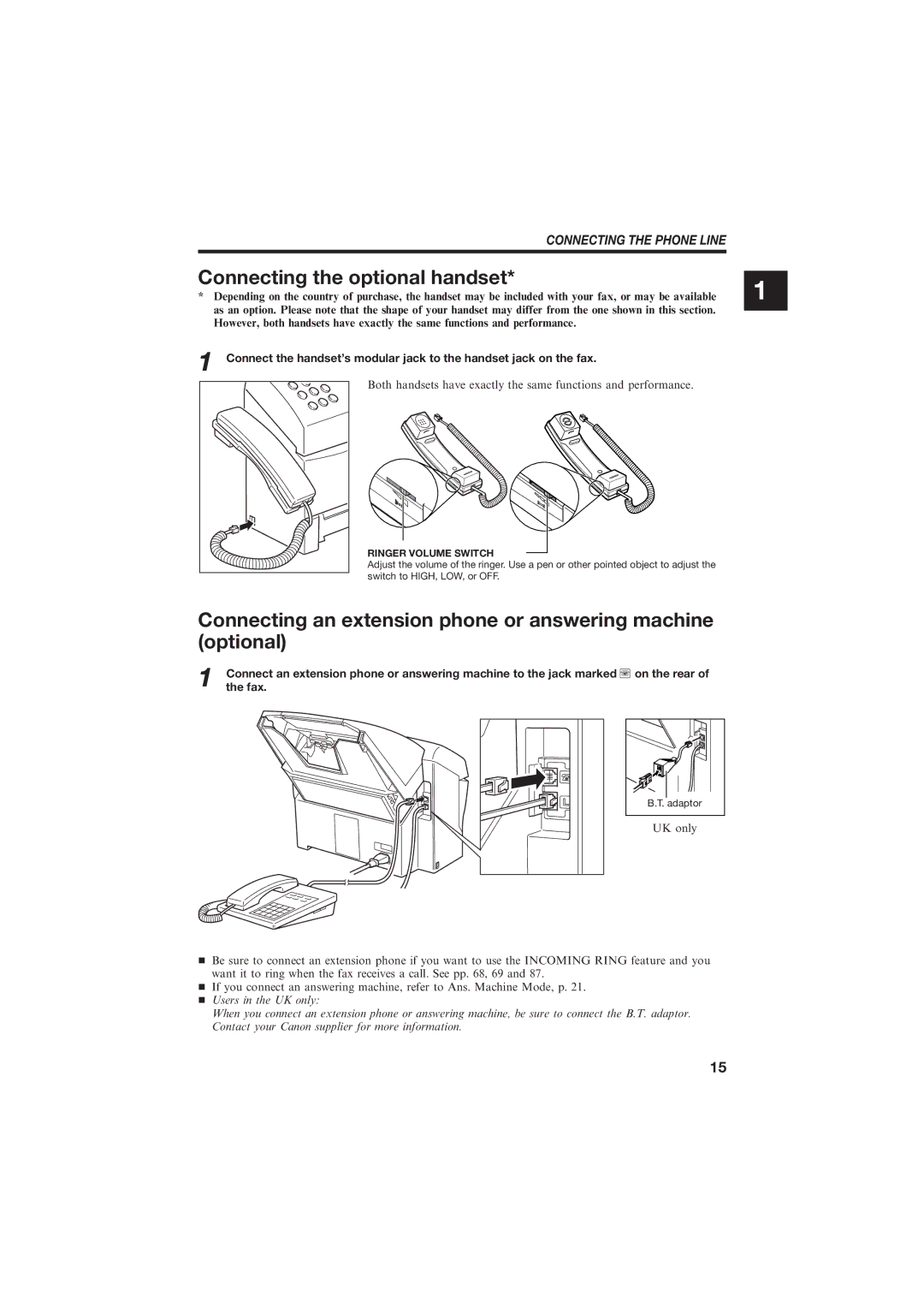 Canon B155 manual Connecting the optional handset, Connecting an extension phone or answering machine optional 