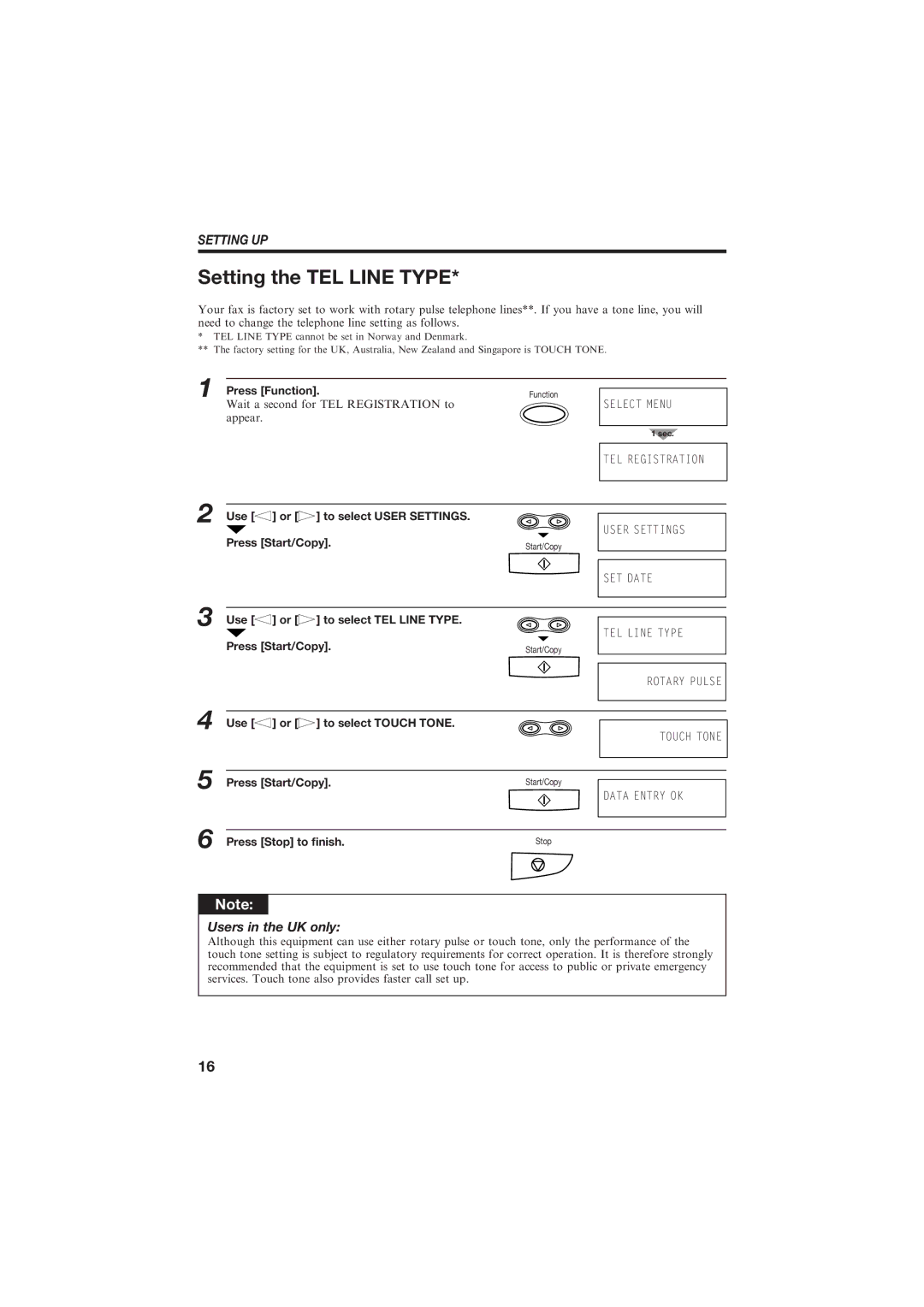 Canon B155 manual Setting the TEL Line Type 