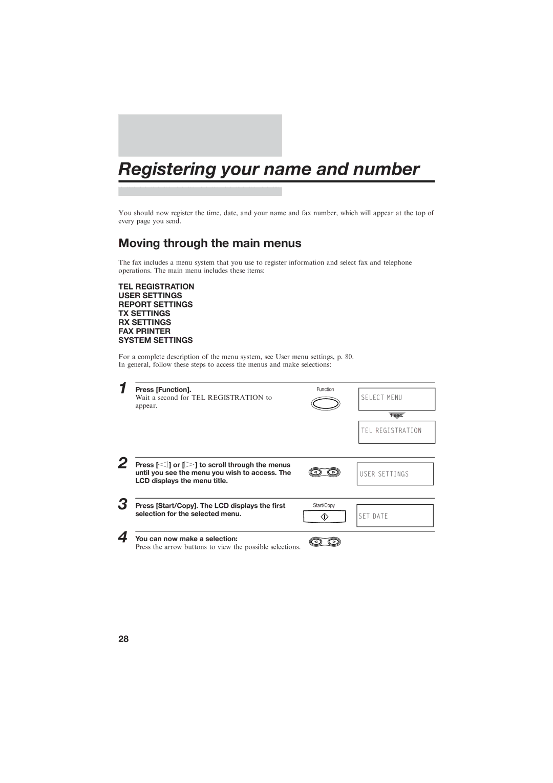 Canon B155 manual Registering your name and number, Moving through the main menus, Selection for the selected menu 