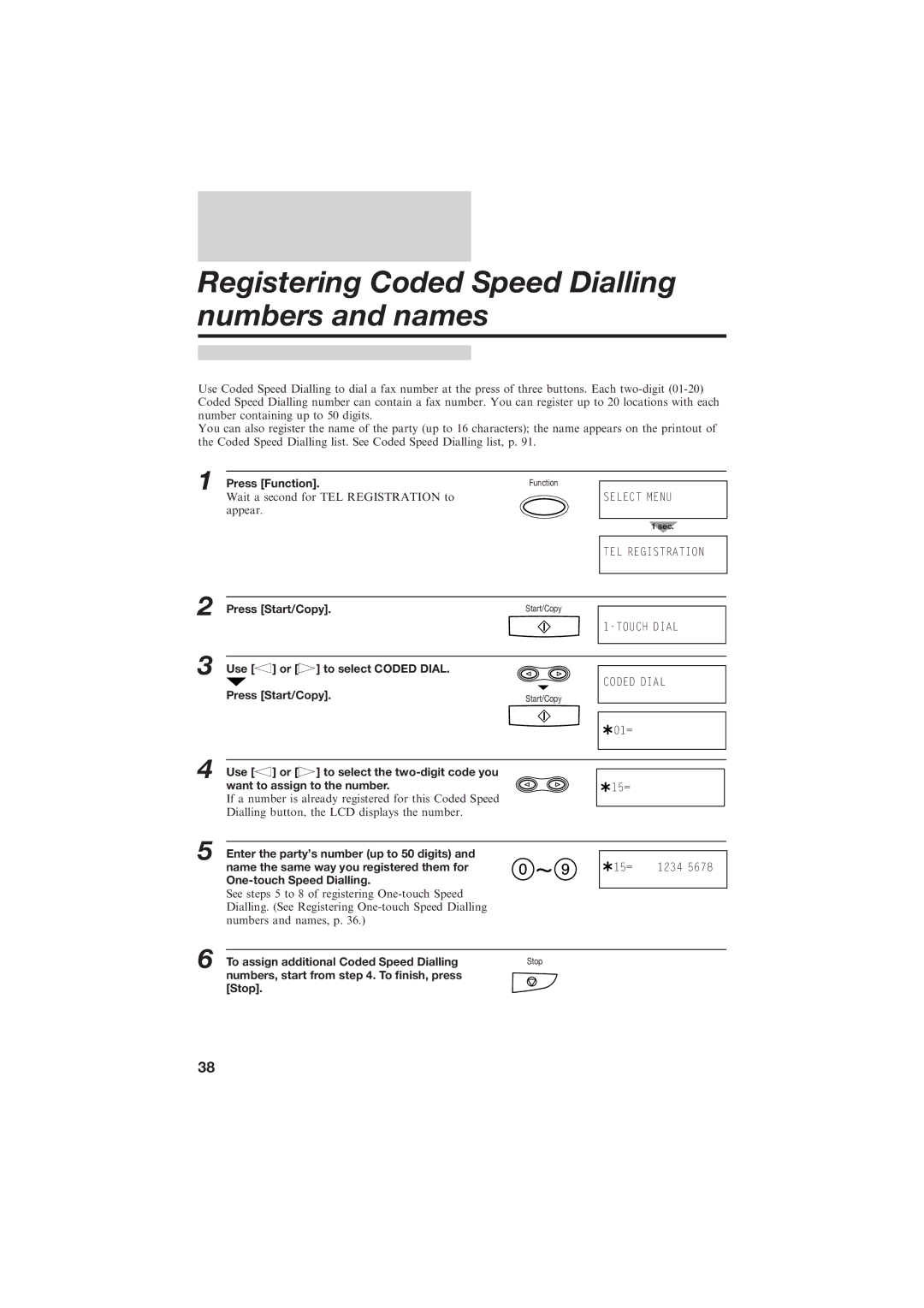 Canon B155 manual Registering Coded Speed Dialling numbers and names, Use or to select Coded Dial 