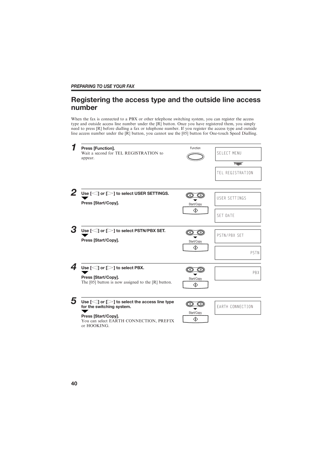 Canon B155 manual Use or to select PSTN/PBX SET, Use or to select PBX, button is now assigned to the R button 