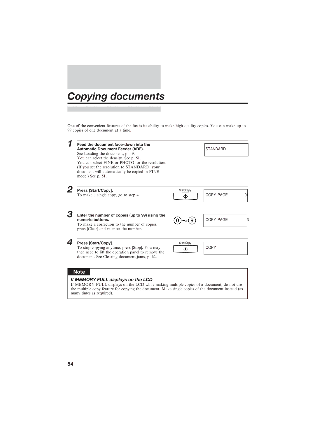 Canon B155 manual Copying documents, Enter the number of copies up to 99 using Numeric buttons 