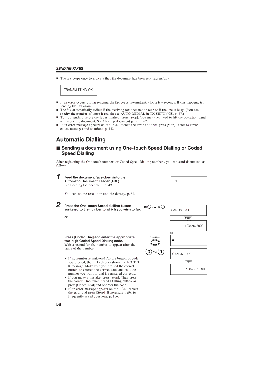 Canon B155 manual Automatic Dialling, Sending Faxes, Press Coded Dial and enter the appropriate 