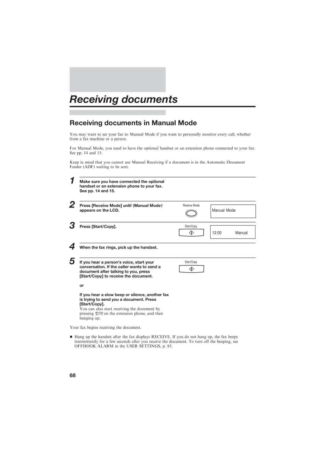 Canon B155 manual Receiving documents in Manual Mode 