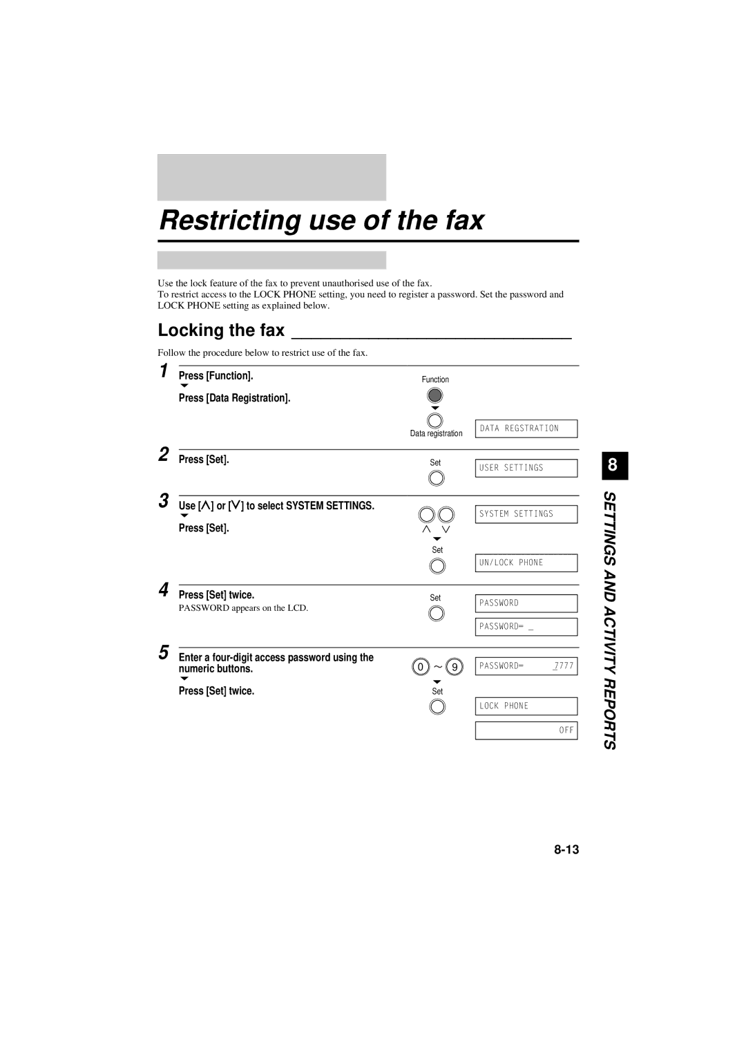 Canon B180C, B160 manual Restricting use of the fax, Locking the fax 