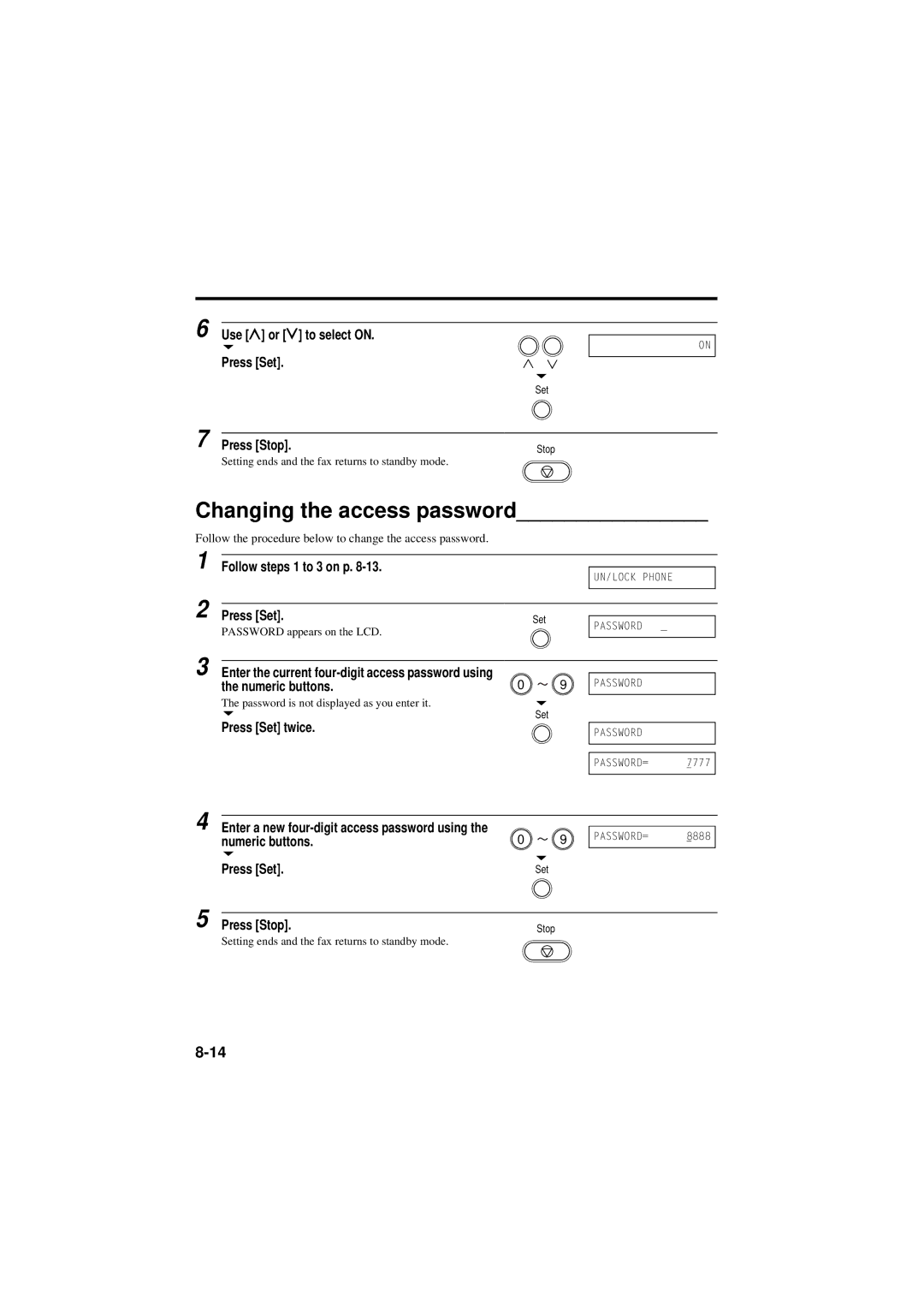 Canon B160, B180C manual Changing the access password, Use u or d to select on Press Set, Follow steps 1 to 3 on p 