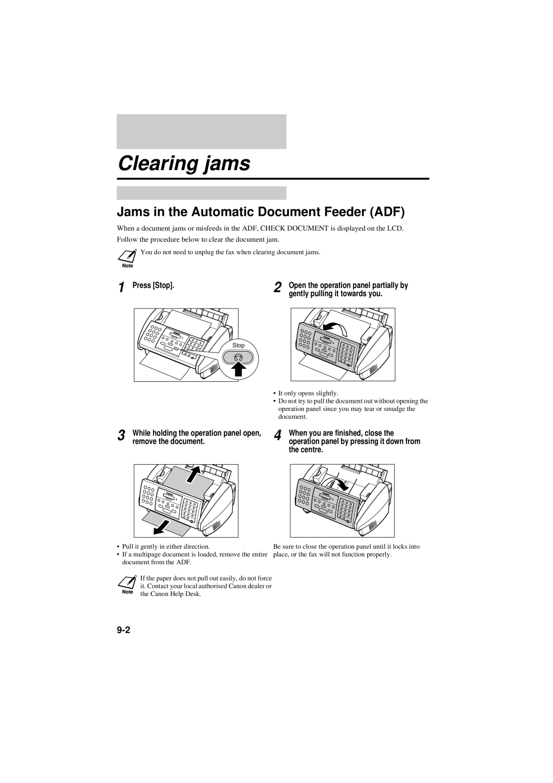 Canon B160, B180C manual Clearing jams, Jams in the Automatic Document Feeder ADF 