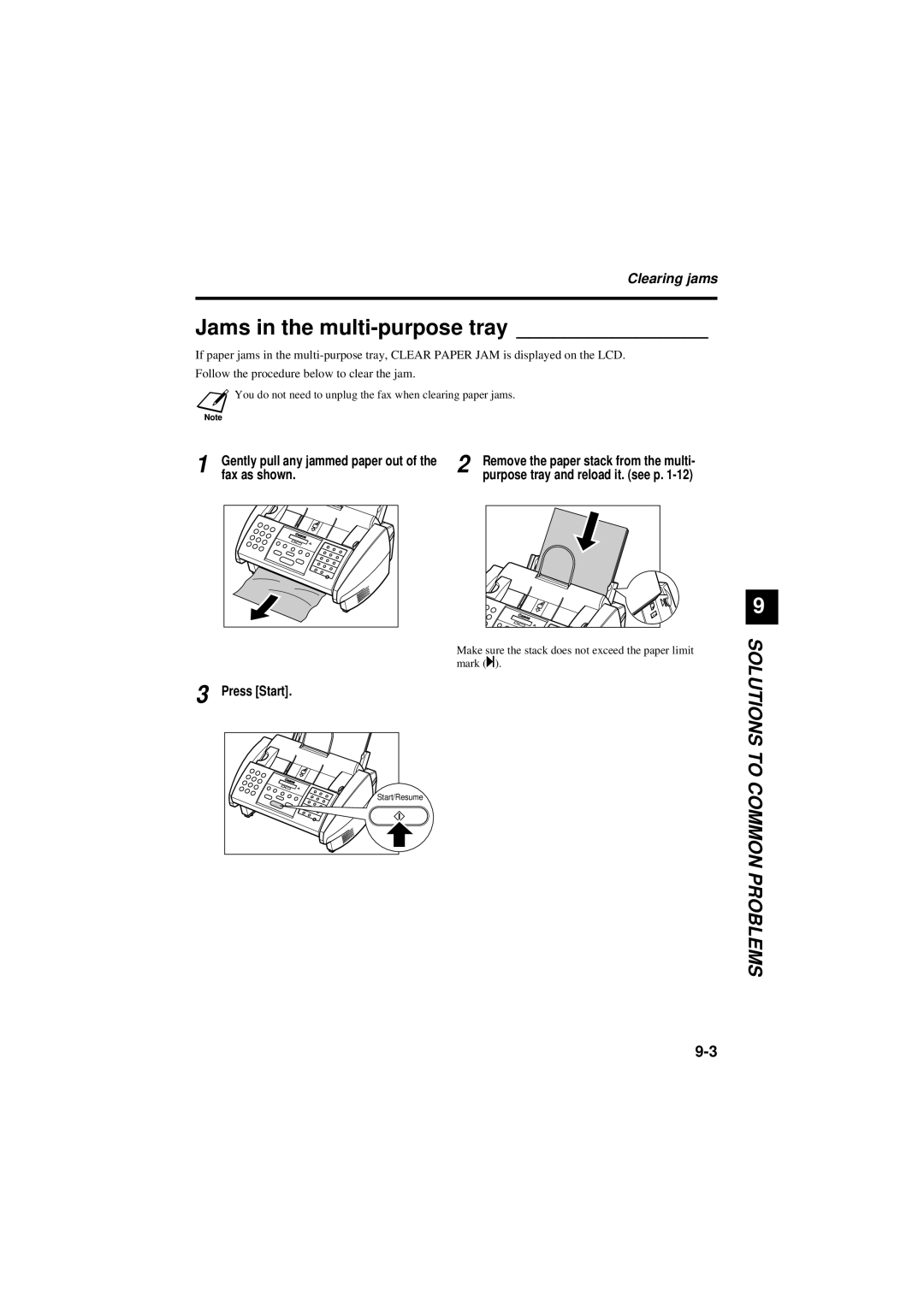 Canon B180C, B160 manual Jams in the multi-purpose tray, Clearing jams, Fax as shown 