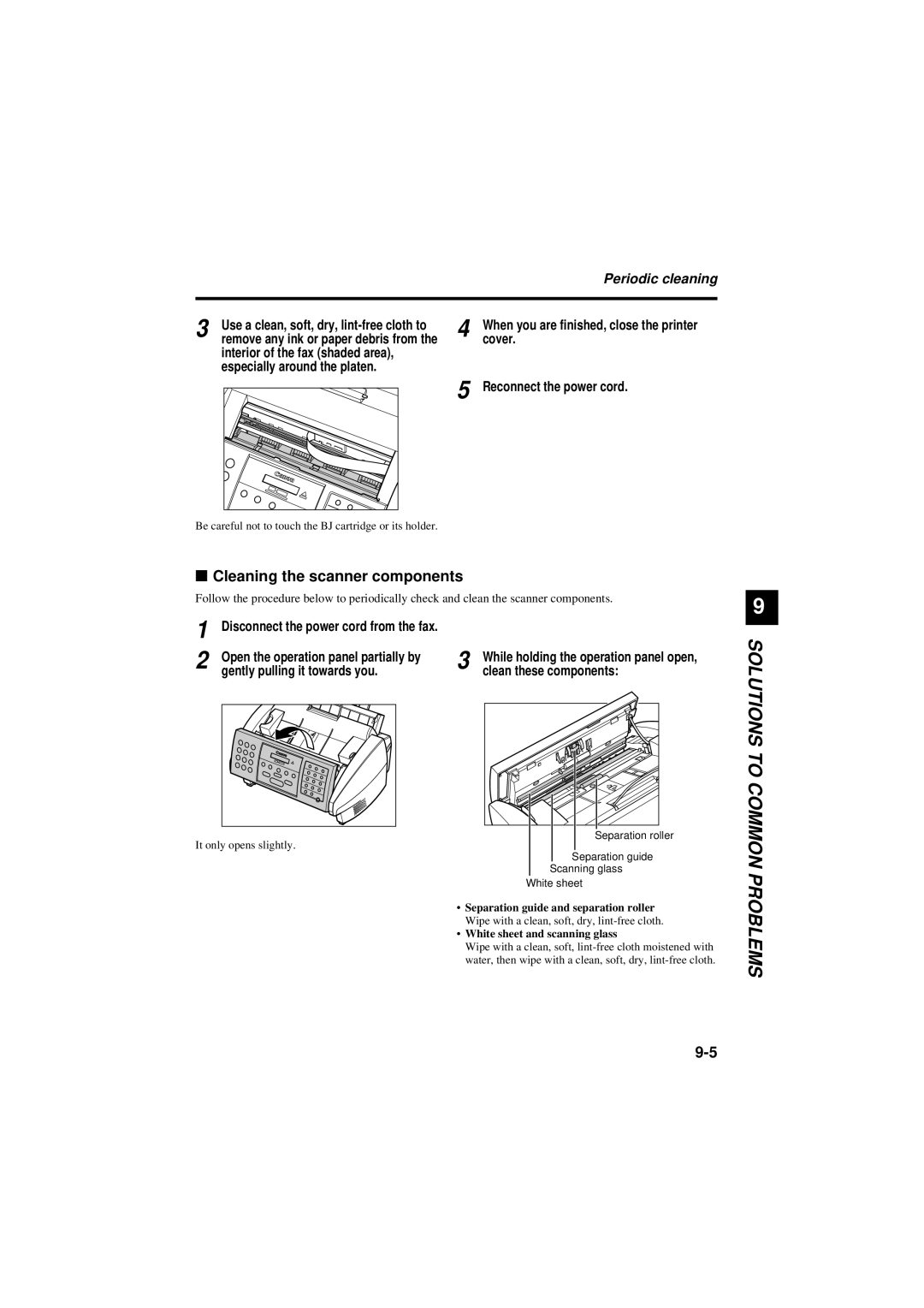 Canon B180C, B160 manual Cleaning the scanner components, Periodic cleaning, Cover, Reconnect the power cord 