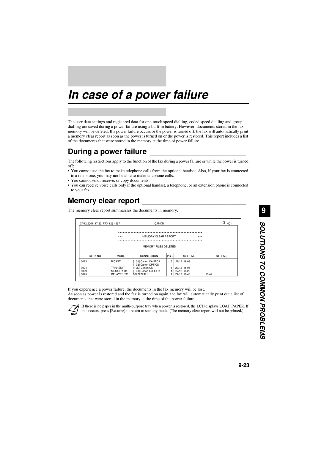 Canon B180C, B160 manual Case of a power failure, During a power failure, Memory clear report 