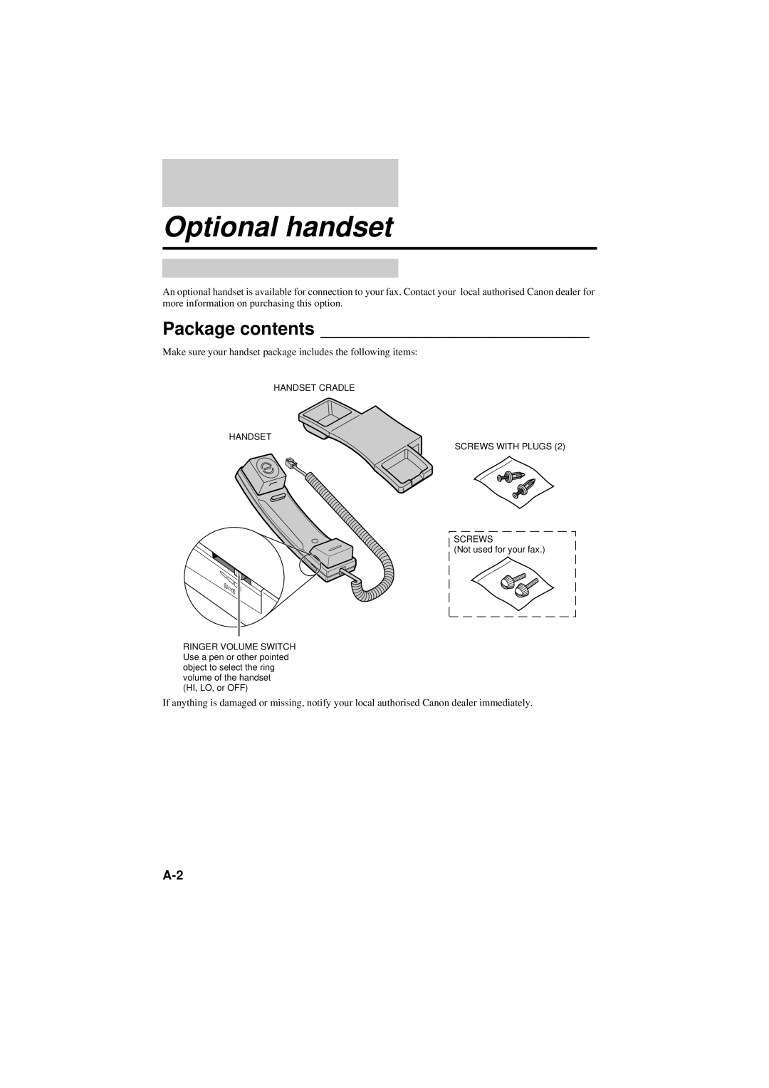 Canon B160, B180C manual Optional handset, Package contents 