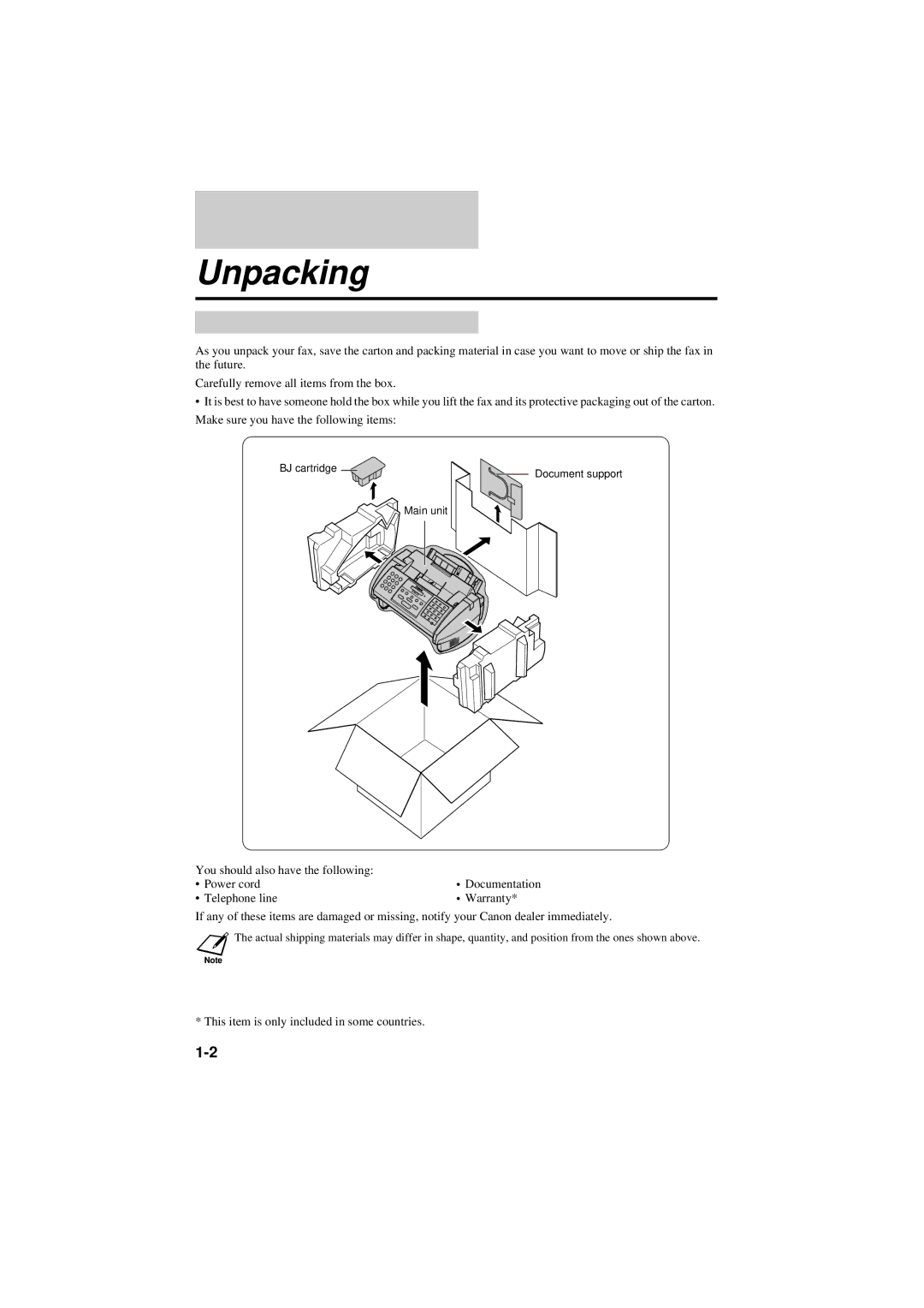 Canon B160, B180C manual Unpacking 