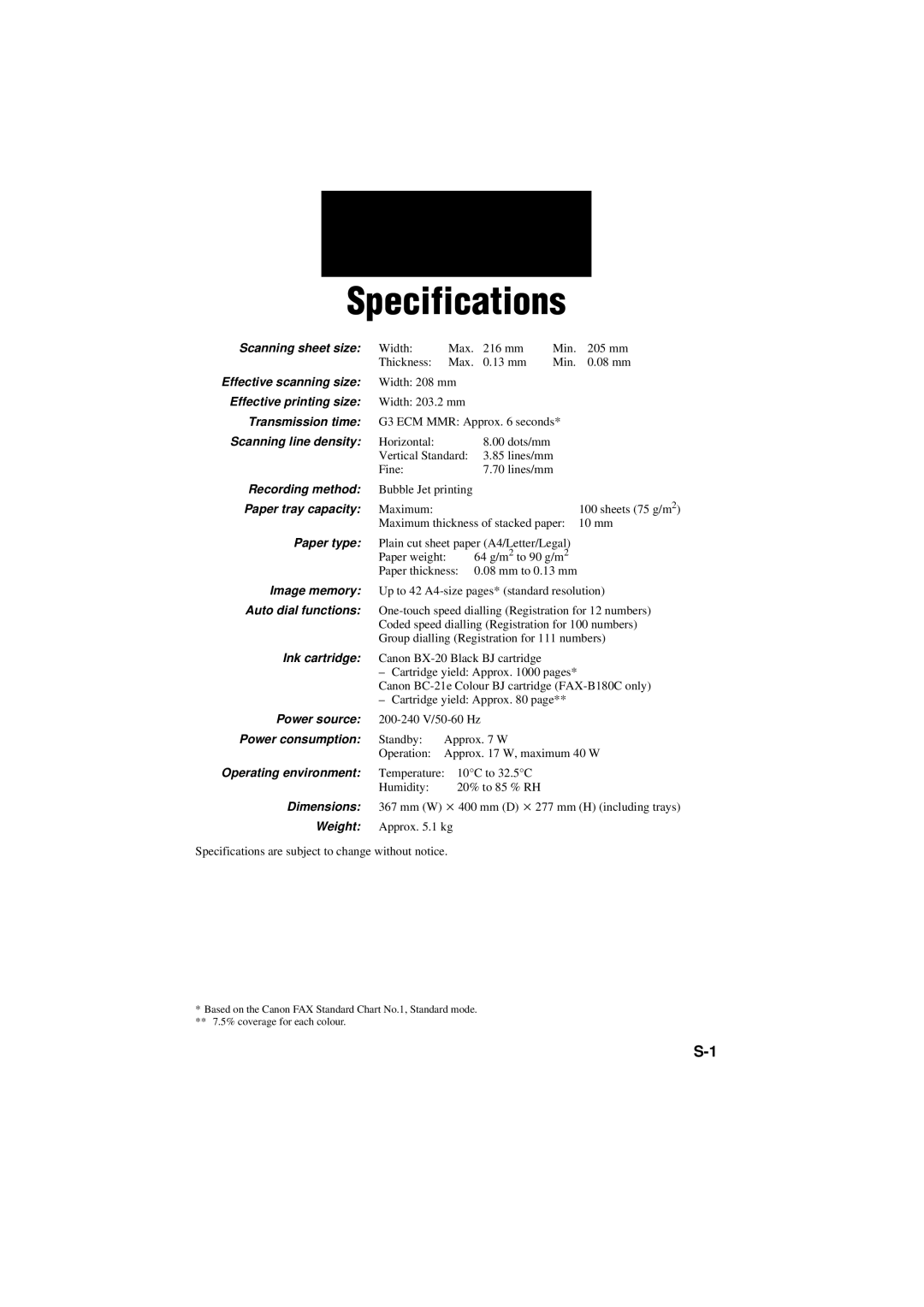 Canon B180C, B160 manual Specifications 