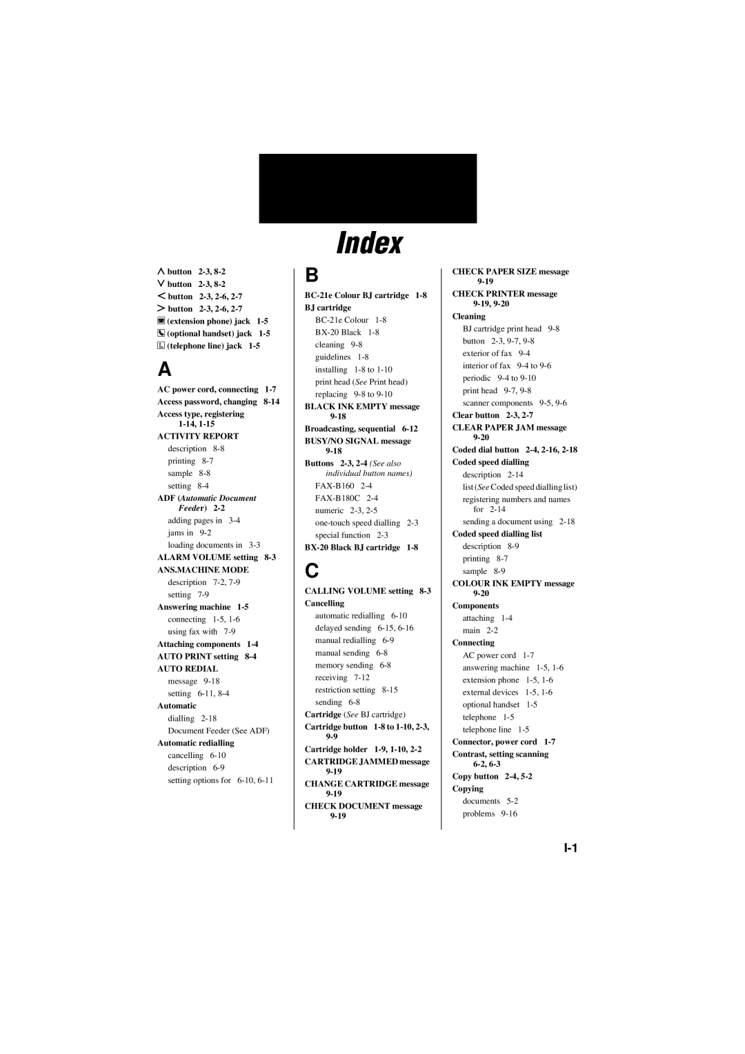 Canon B180C, B160 manual Index 