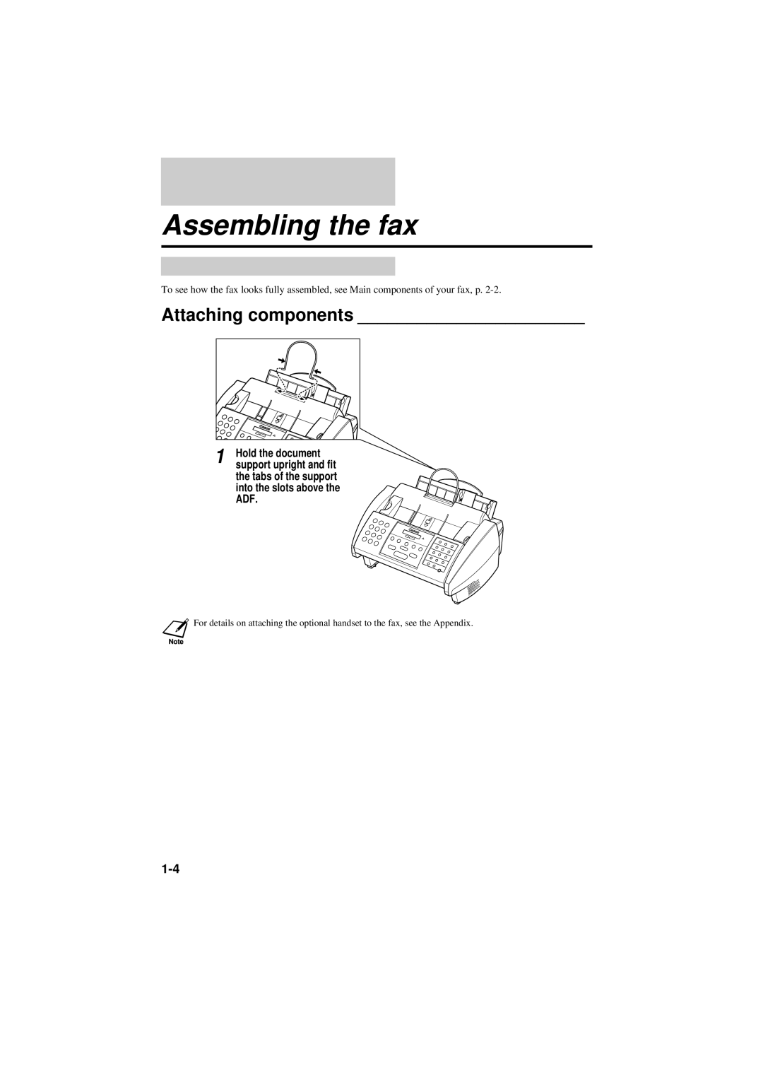 Canon B160, B180C manual Assembling the fax, Attaching components, Tabs of the support into the slots above the ADF 