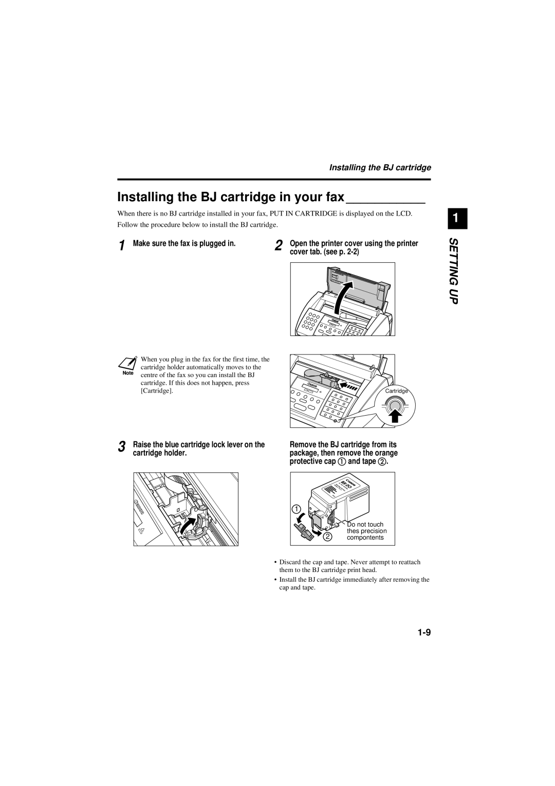 Canon B180C Installing the BJ cartridge in your fax, Make sure the fax is plugged, Cover tab. see p, Cartridge holder 