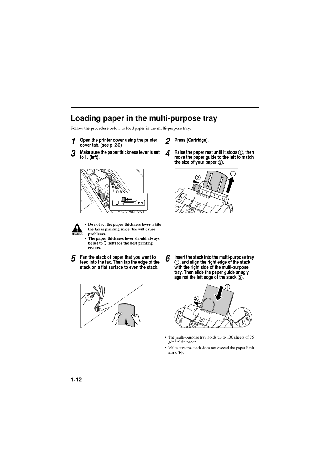 Canon B160, B180C manual Loading paper in the multi-purpose tray, To m left, Press Cartridge, Size of your paper b 