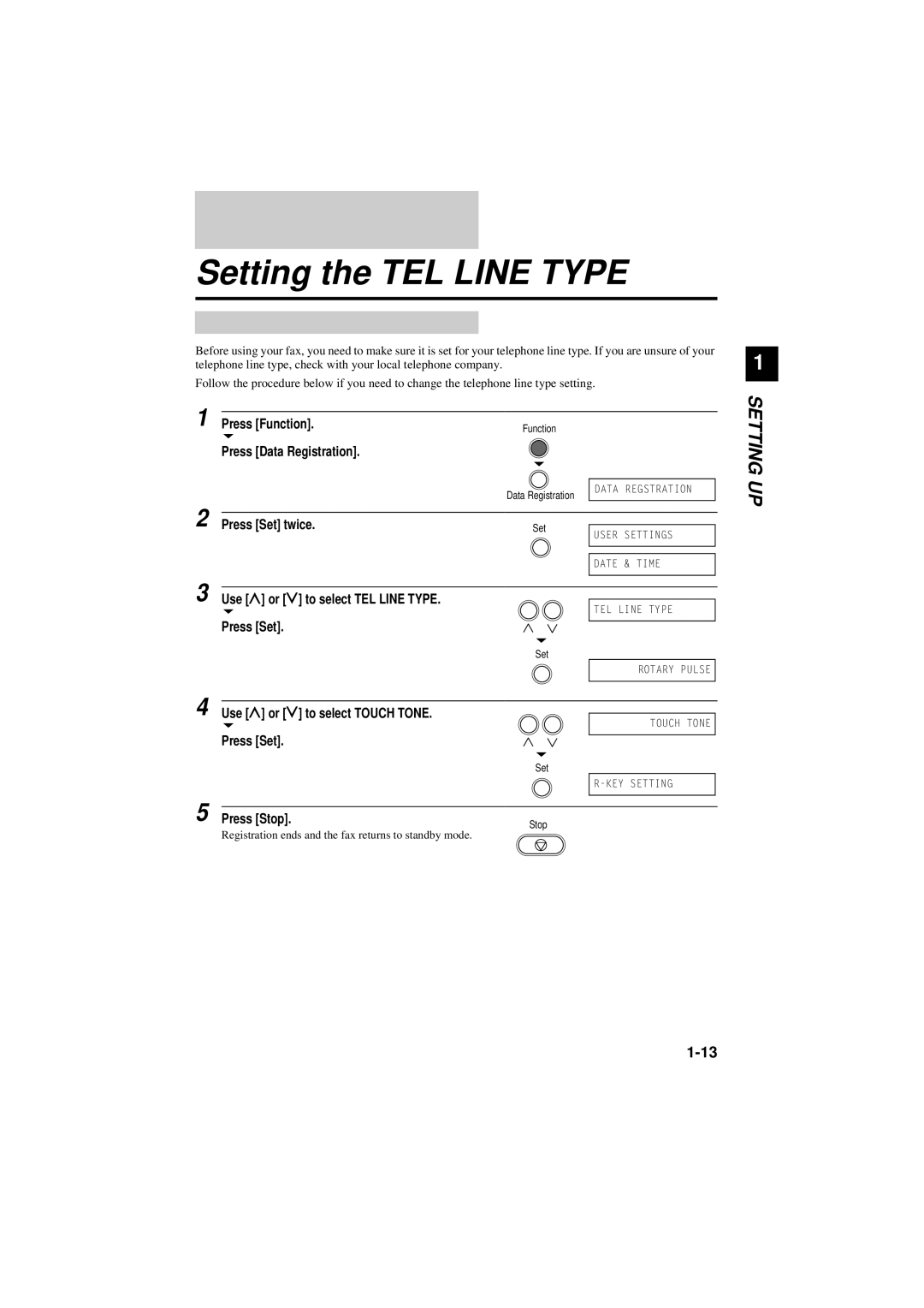 Canon B180C, B160 manual Setting the TEL Line Type 