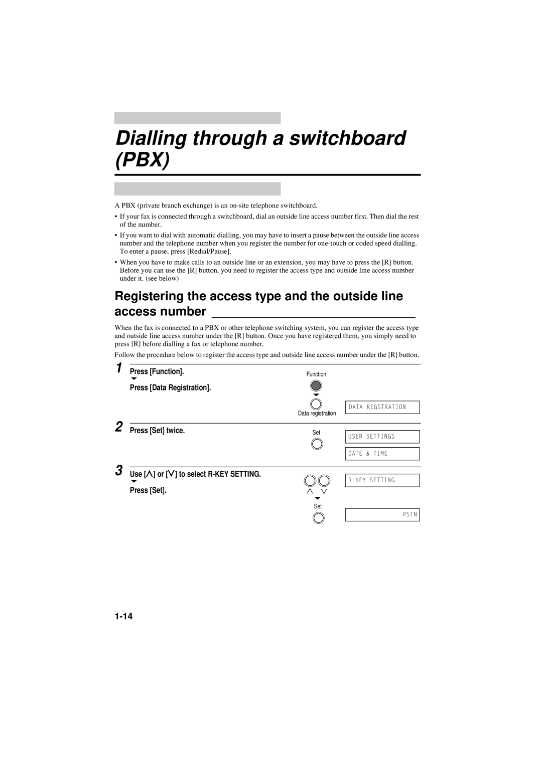 Canon B160, B180C manual Dialling through a switchboard PBX, Use u or d to select R-KEY Setting 