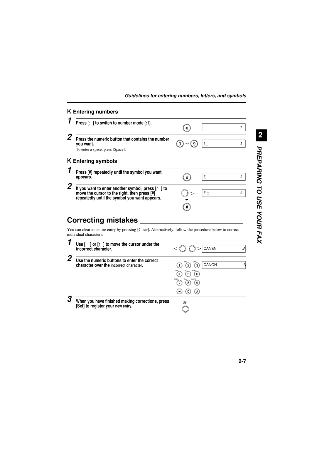 Canon B180C Correcting mistakes, Entering numbers, Entering symbols, Guidelines for entering numbers, letters, and symbols 