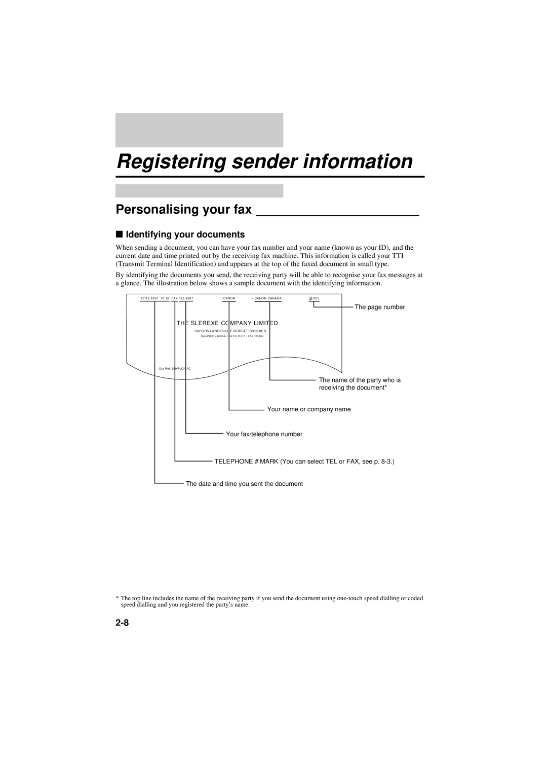 Canon B160, B180C manual Registering sender information, Personalising your fax, Identifying your documents 