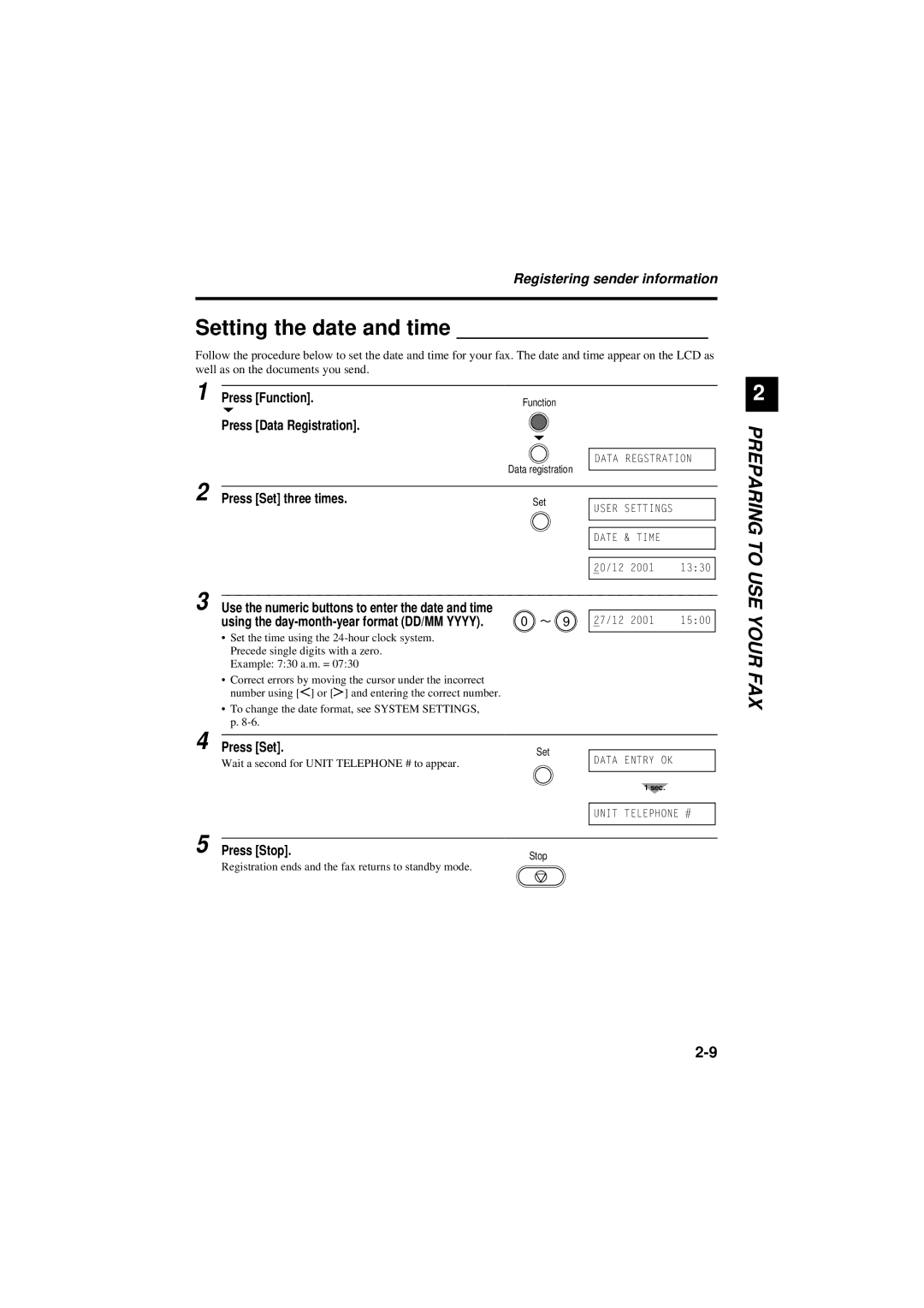 Canon B180C, B160 manual Setting the date and time, Registering sender information, Press Set three times 