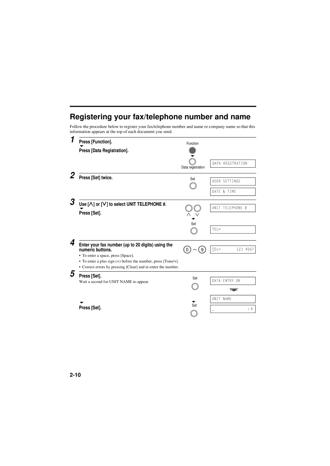 Canon B160, B180C Registering your fax/telephone number and name, Use u or d to select Unit Telephone #, Numeric buttons 