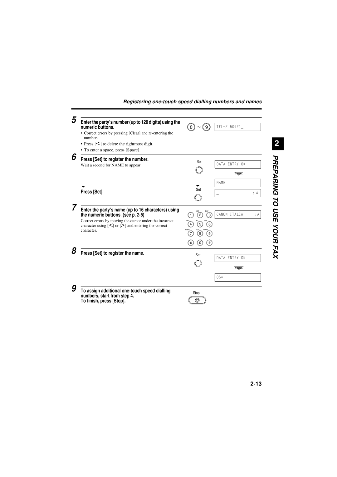 Canon B180C, B160 manual Registering one-touch speed dialling numbers and names 