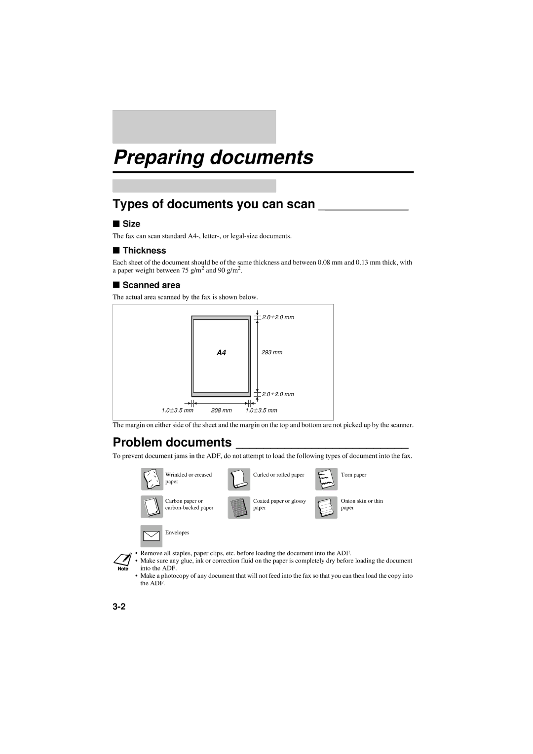 Canon B160, B180C manual Preparing documents, Types of documents you can scan, Problem documents 