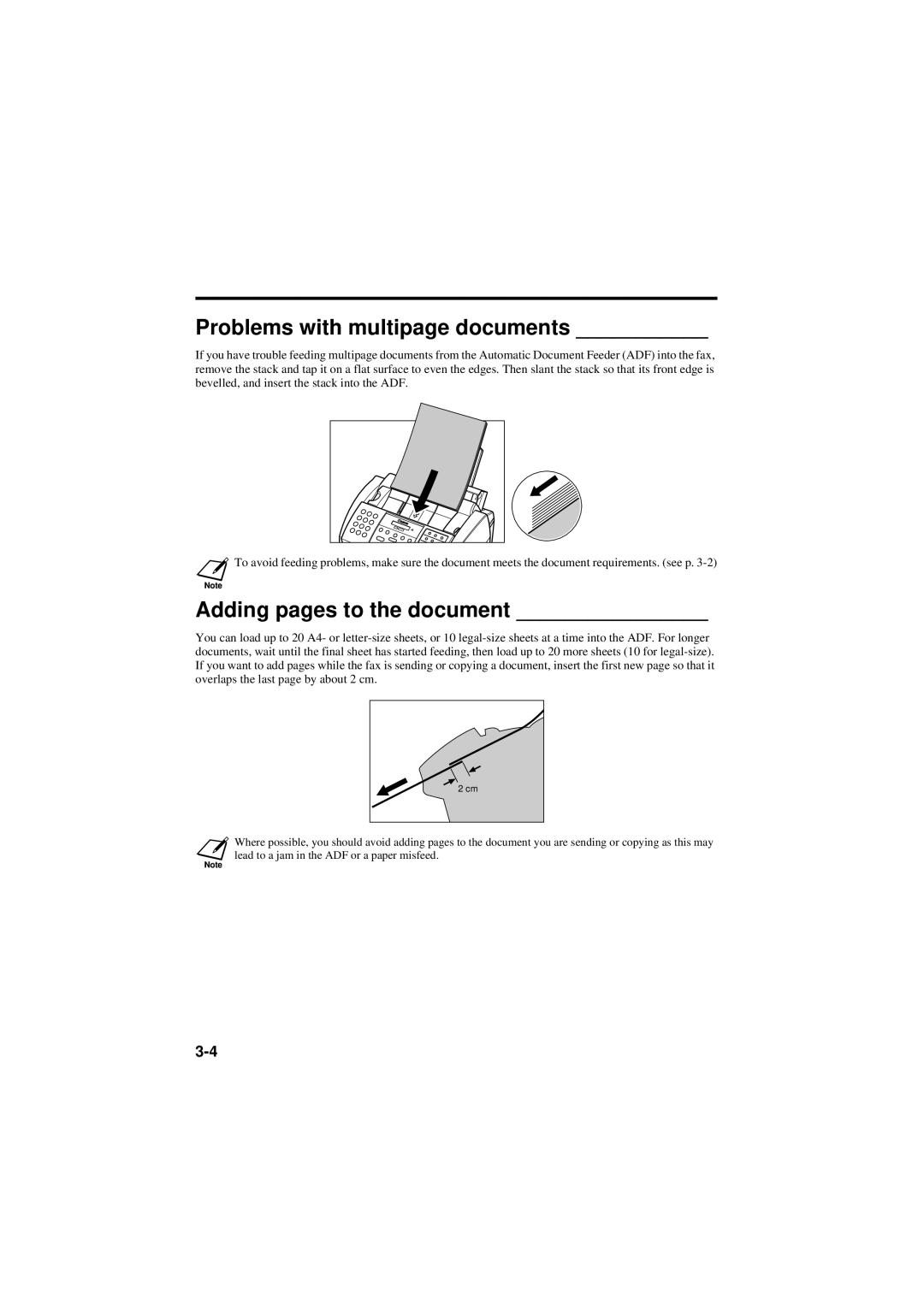 Canon B160, B180C manual Problems with multipage documents, Adding pages to the document 