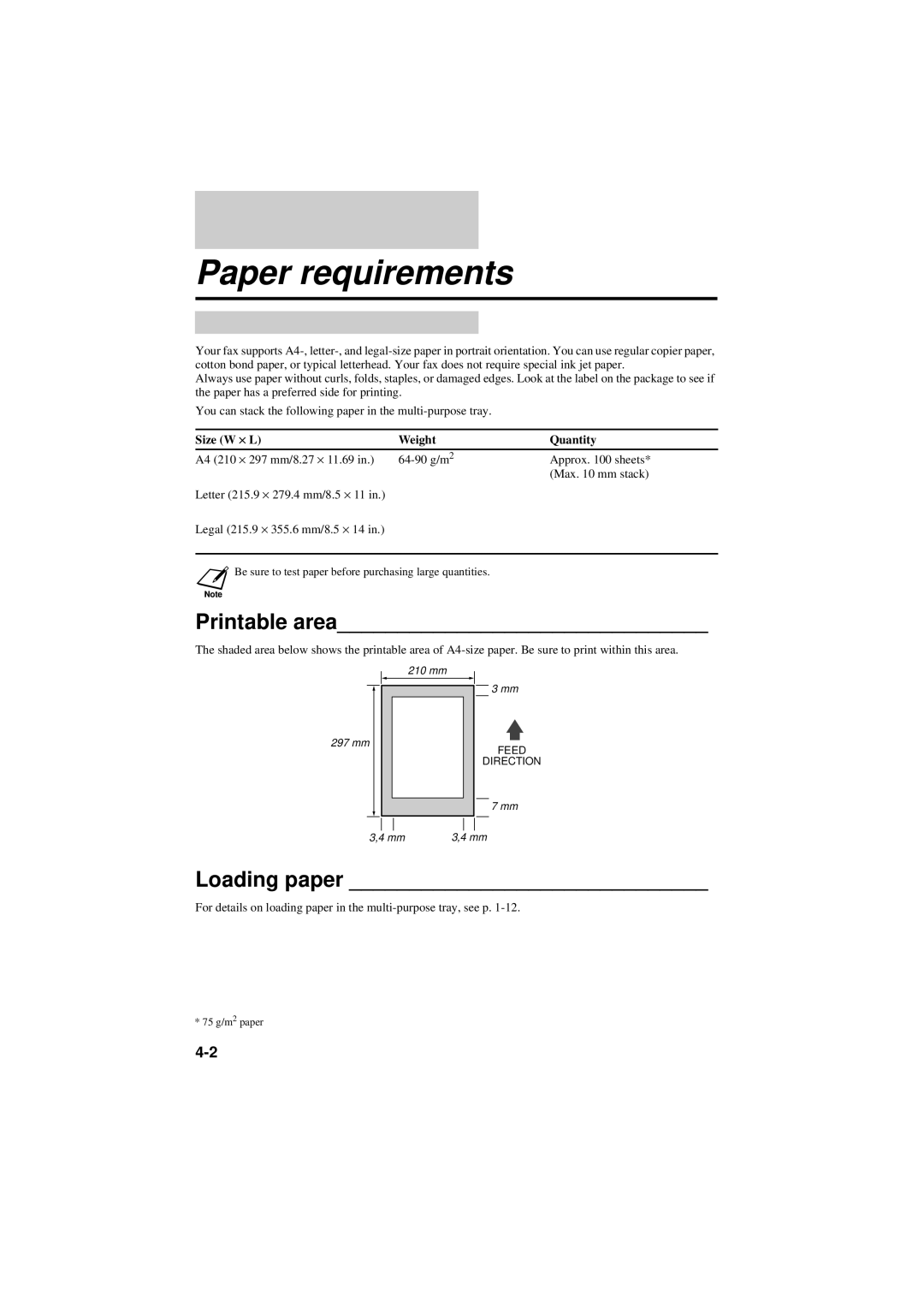 Canon B160, B180C manual Paper requirements, Printable area, Loading paper 