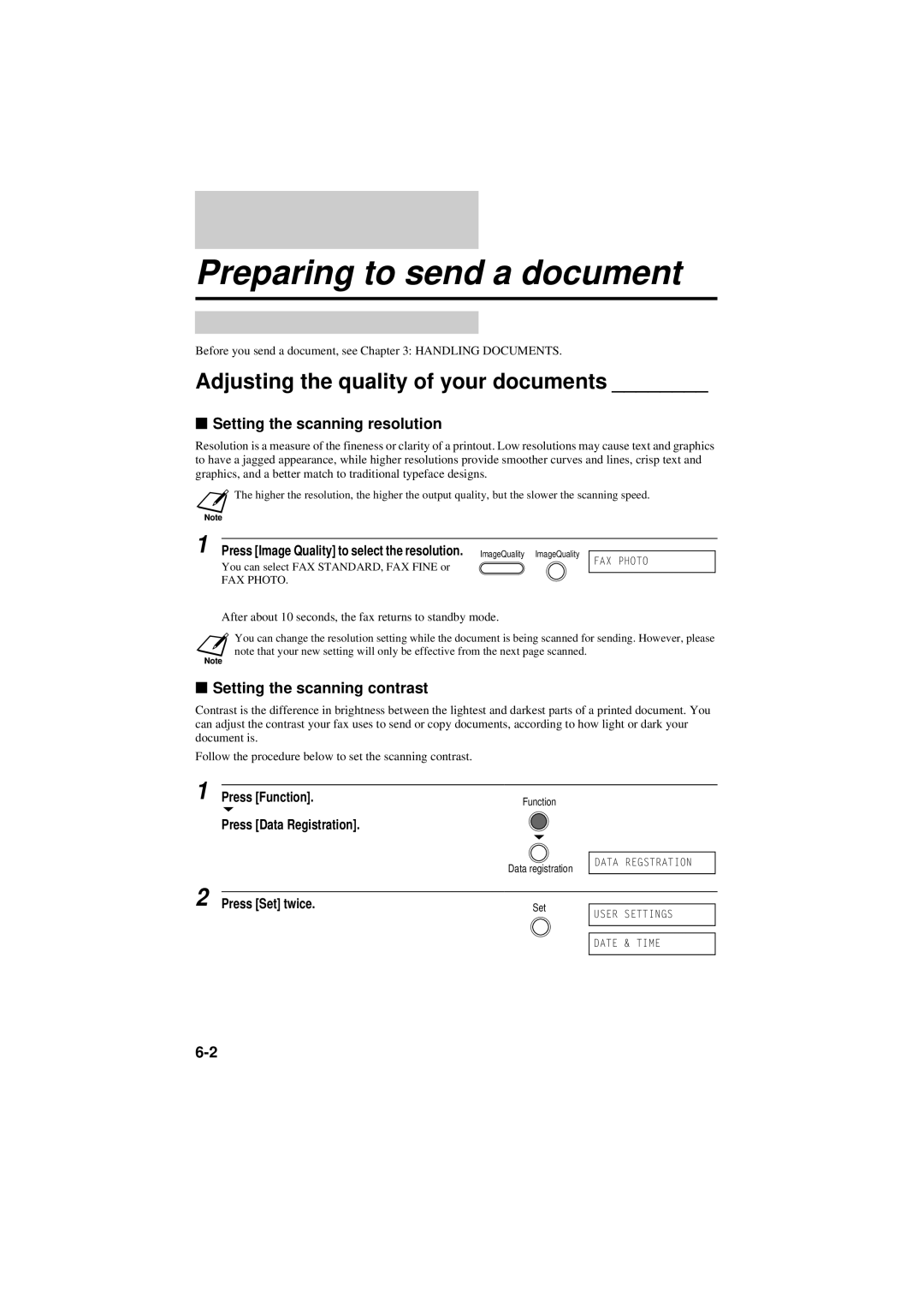 Canon B160, B180C Preparing to send a document, Adjusting the quality of your documents, Setting the scanning resolution 