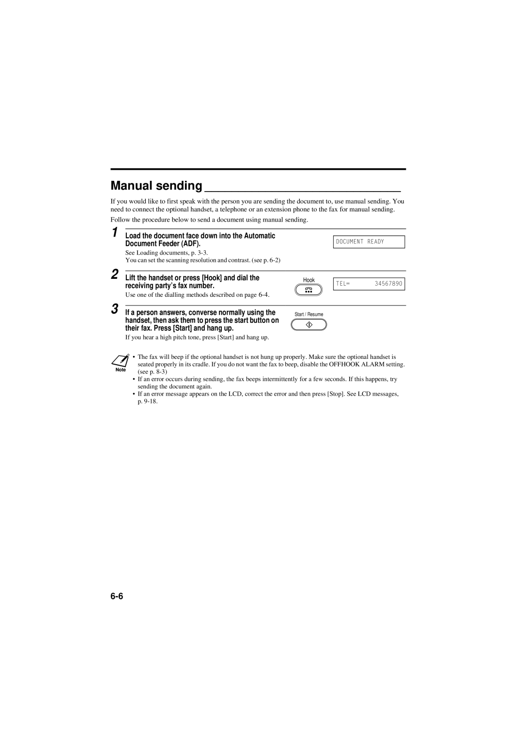 Canon B160, B180C manual Manual sending, Lift the handset or press Hook and dial, Receiving party’s fax number 