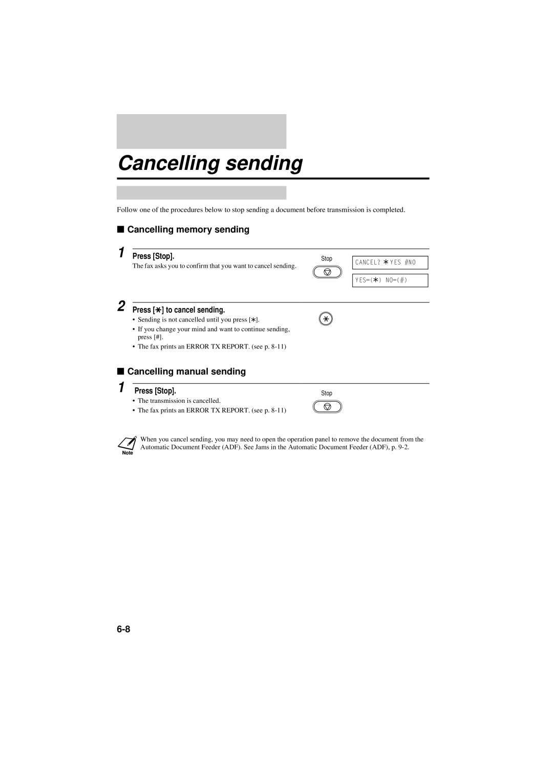 Canon B160, B180C Cancelling sending, Cancelling memory sending, Cancelling manual sending, Press to cancel sending 