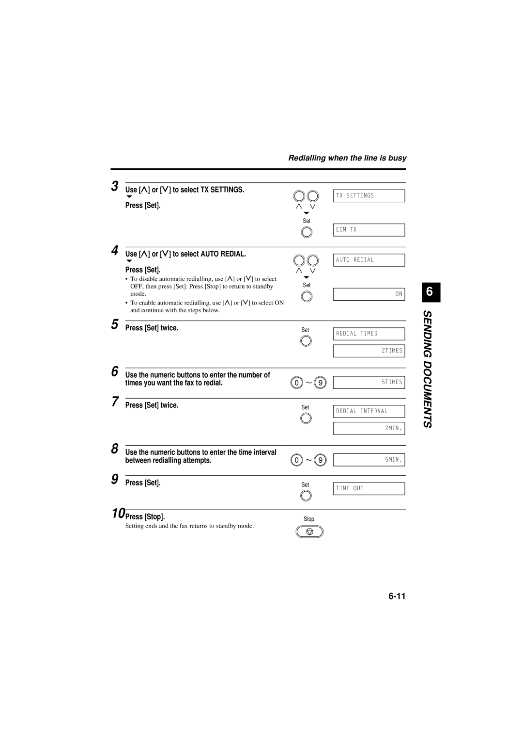 Canon B180C, B160 Redialling when the line is busy, Use u or d to select TX Settings, Use u or d to select Auto Redial 