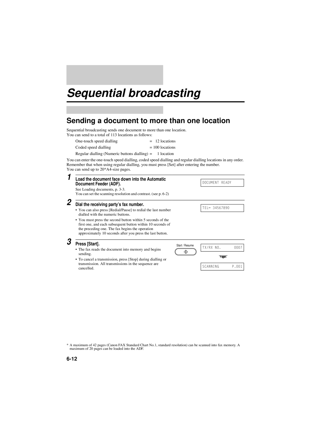 Canon B160, B180C manual Sequential broadcasting, Sending a document to more than one location 