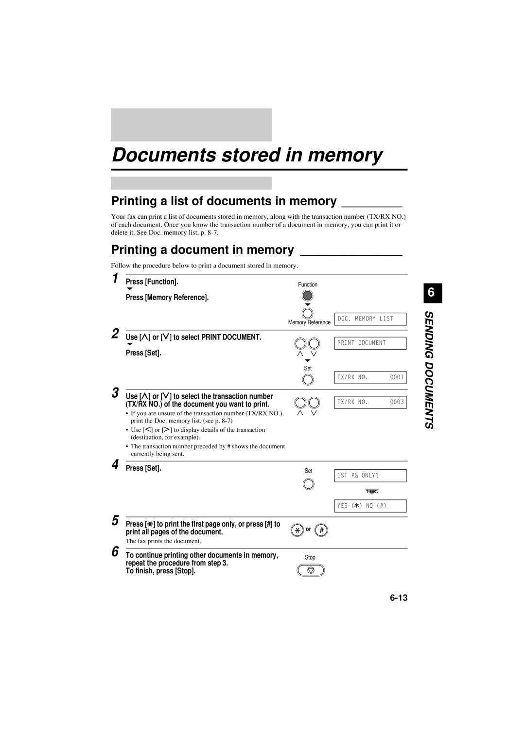 Canon B180C, B160 manual Documents stored in memory, Printing a list of documents in memory, Printing a document in memory 