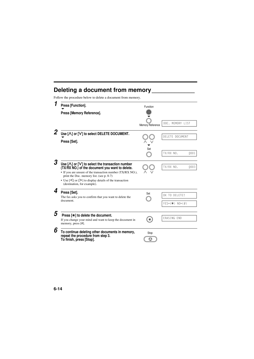 Canon B160, B180C manual Deleting a document from memory, Use u or d to select Delete Document, Press to delete the document 