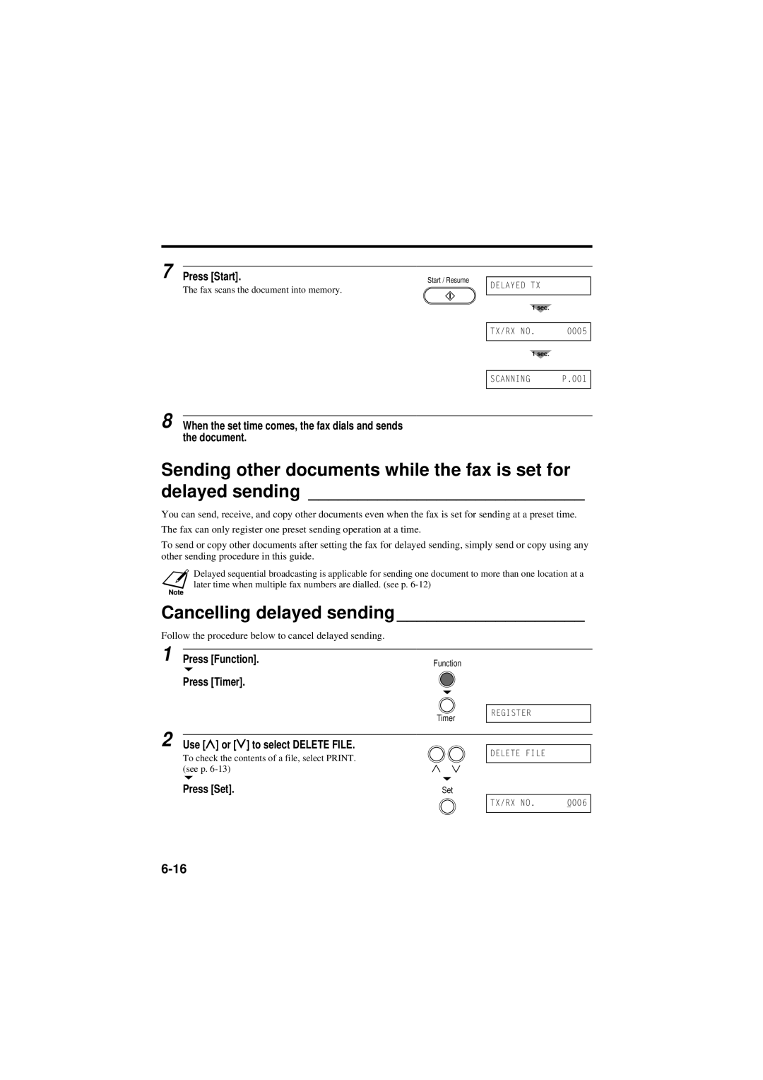 Canon B160, B180C manual Cancelling delayed sending, Use u or d to select Delete File 