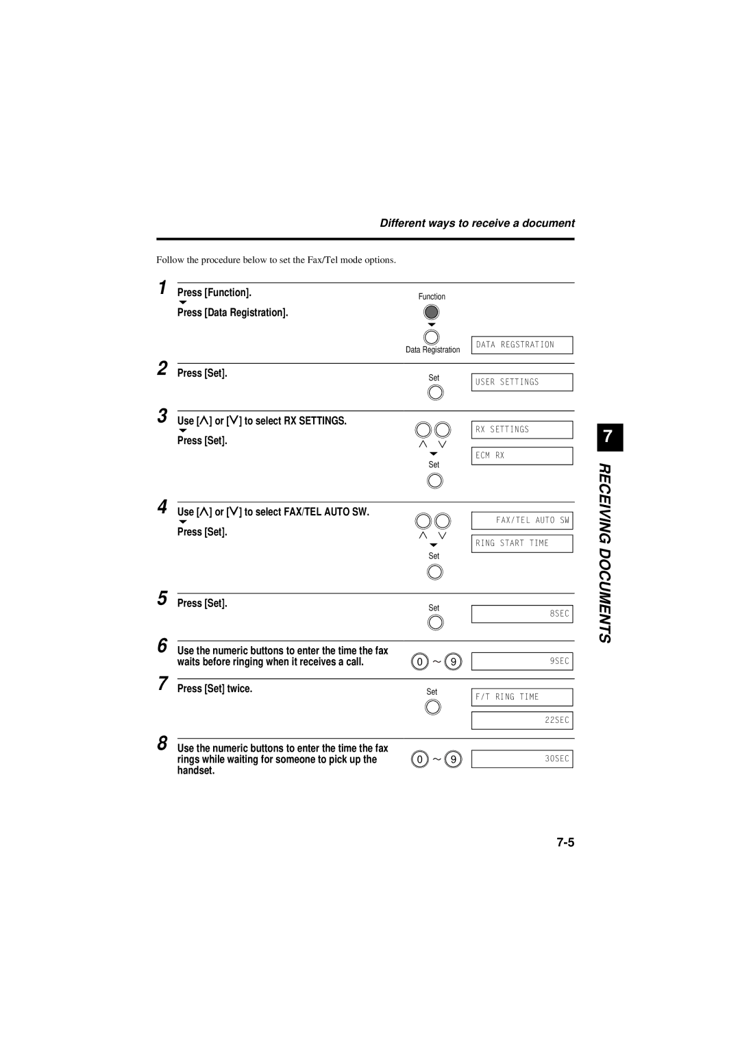 Canon B180C, B160 manual Use u or d to select RX Settings, Use u or d to select FAX/TEL Auto SW, Handset 