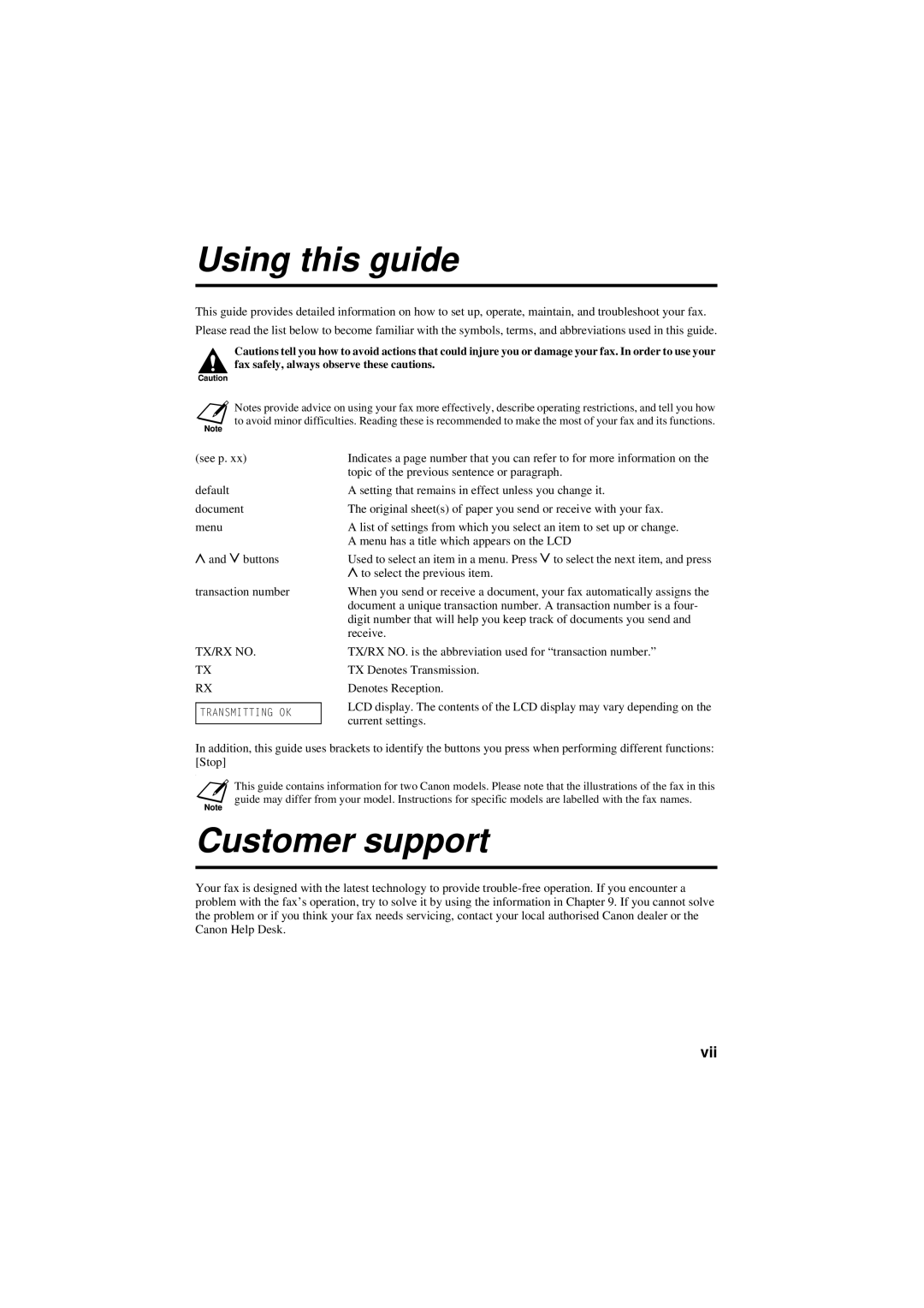 Canon B180C, B160 manual Using this guide, Customer support, Vii 