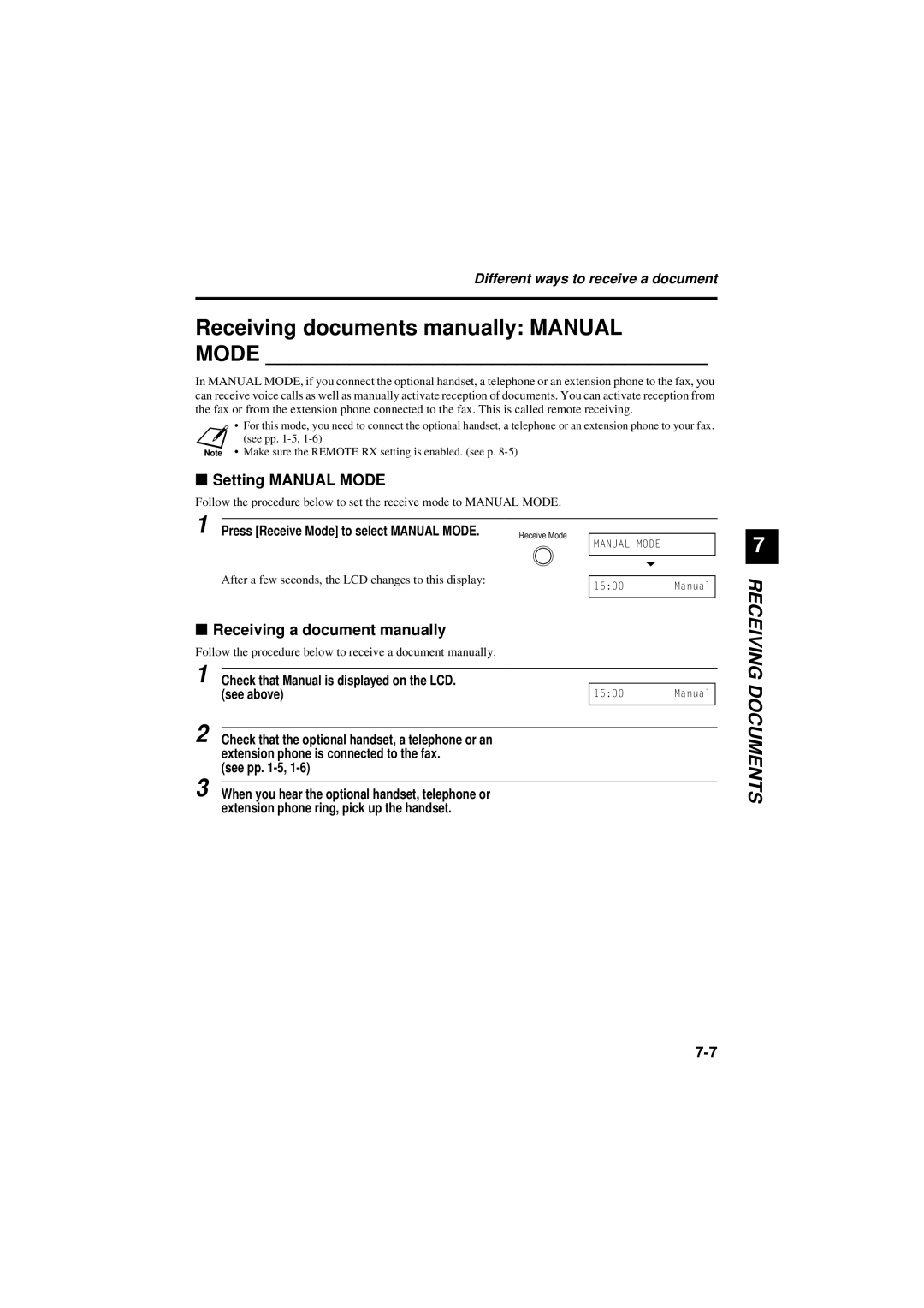 Canon B180C, B160 Receiving documents manually Manual Mode, Setting Manual Mode, Receiving a document manually 